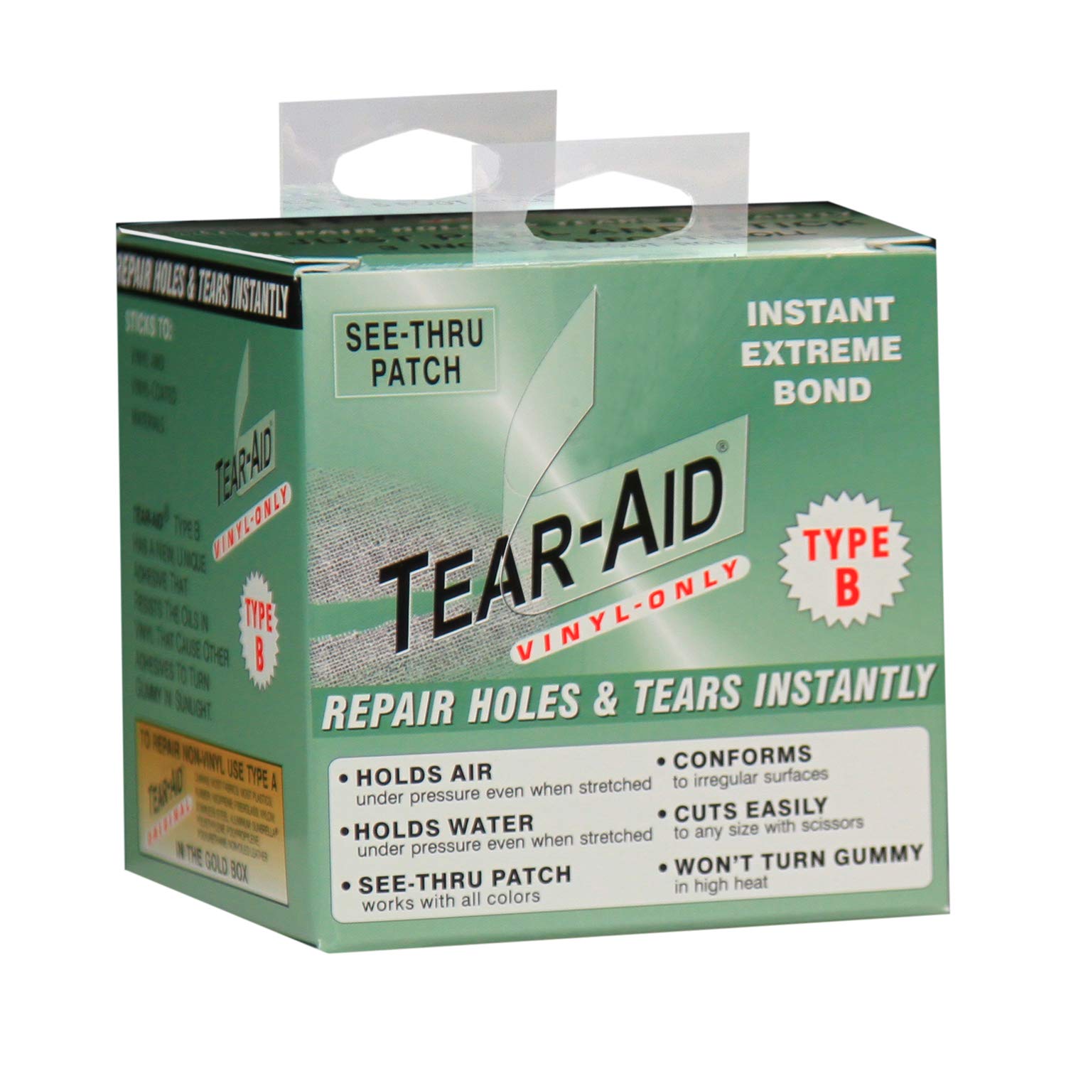 TEAR-AID Vinyl Repair Kit Type B Clear Patch for Vinyl and Vinyl-Coated  Materials Works on Vinyl Tents Awnings Air Matresses Pool Liners More Green  Box Vinyl Repair (Pack of 1)