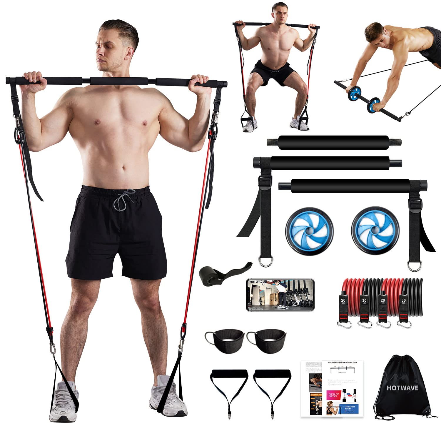 Portable Pilates Bar Kit with Resistance Bands, Adjustable Tension