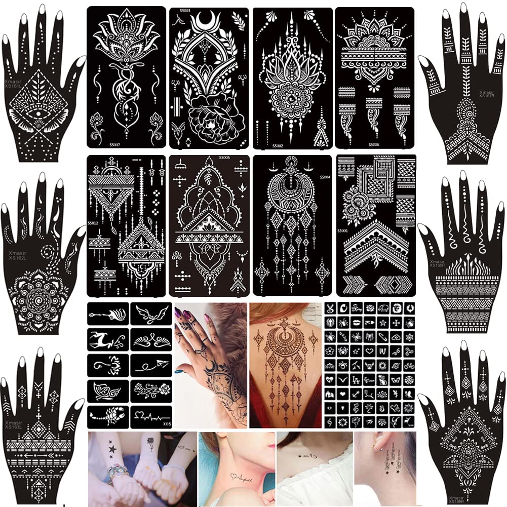 Xmasir 16 Sheets Temporary Henna Tattoo Kit 87 Pcs Reusable Tattoo Stencils Sets Indian Arabian 9250