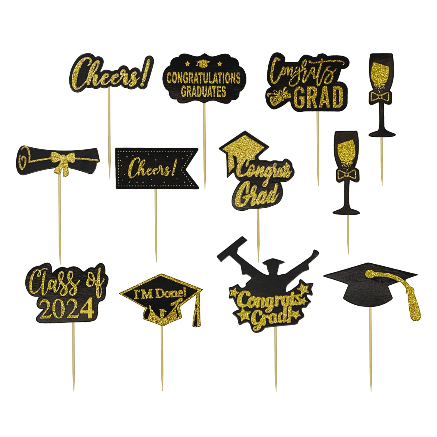 ALLY-MAGIC 2024 Graduation Cupcake Topper Gold Black Glitter Class of ...