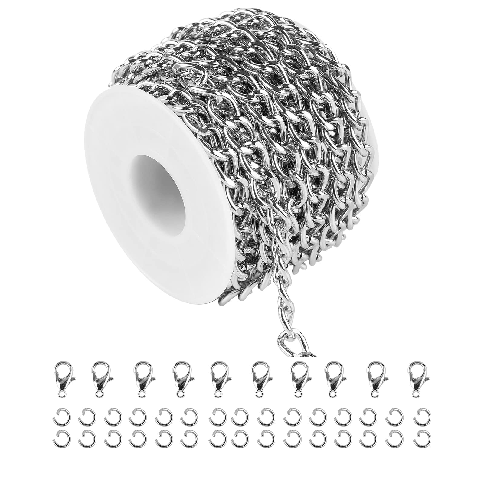 YOUBEIYEE 33 Feet Necklace Chain Bulk 1.5 mm Wide Silver 316 Stainless  Steel Link Chain Roll with Lobster Clasps and Jump Rings for Earring  Bracelet