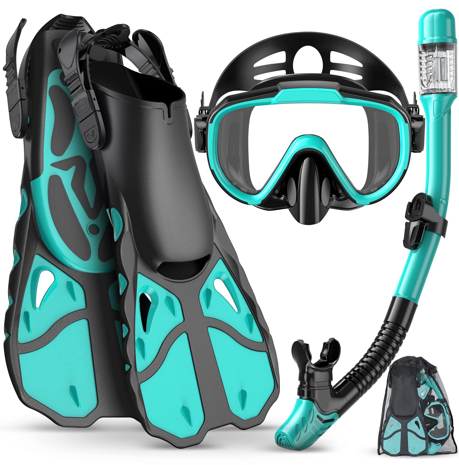 Vengreedo Snorkel Set with Fins for Adults, Mask Fins Snorkel Gear for Men  and Women, Dry Top Snorkel Mask Snorkel Fins Combo Set with Travel Bag for  Snorkeling, Diving, Swimming S/M Cyan