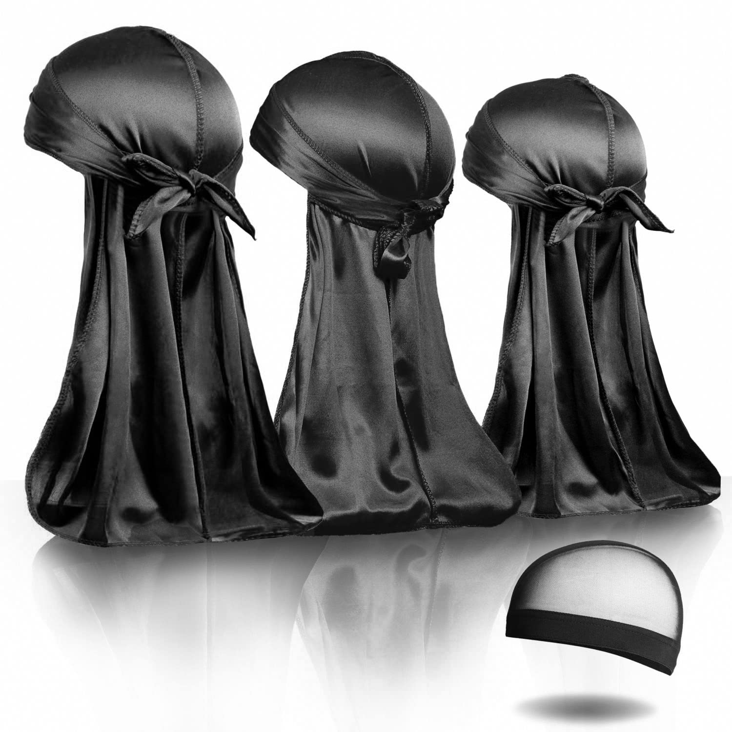 Supaze 3Pcs Durag, Durags for Men Silky, Silk Durag for Men Women 360 Waves  Extra Long Tail with 1 Wave Cap (3*Black) Black, Black, Black