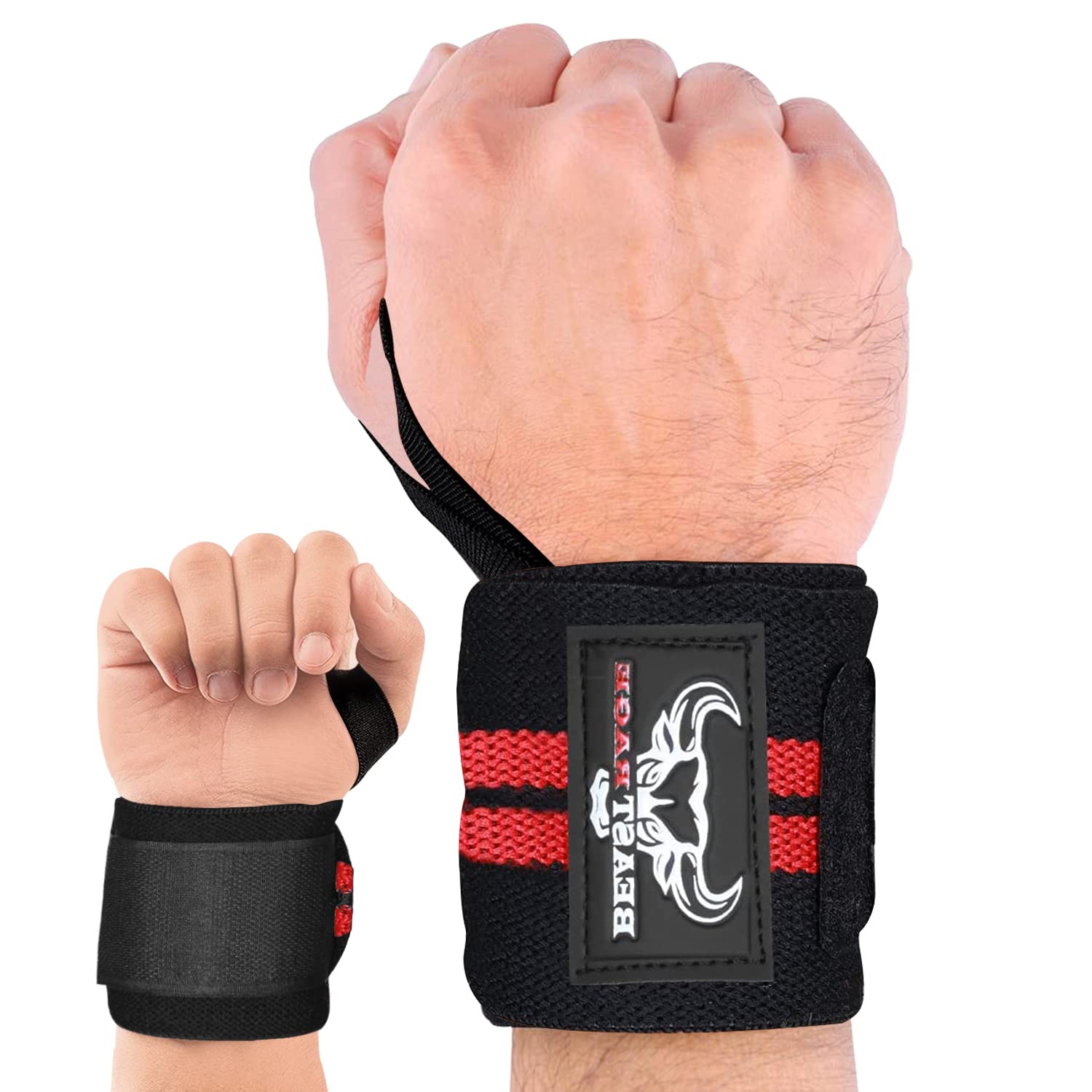 BEAST RAGE Weight Lifting Wrist Wraps Muscle Building Performance Fitness  Training Gym Straps Thumb Loop Support Stretchable Cotton Bandage Brace  Training Cuff RED / BLACK