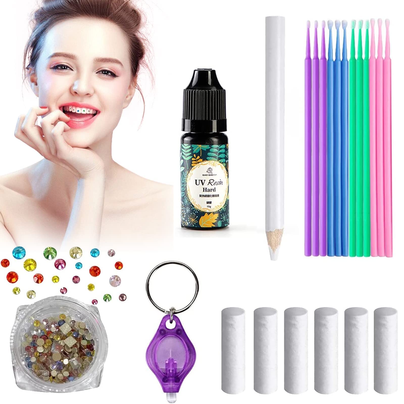 Tooth Gem Kit with Curing Light and Glue Fashionable Removable Tooth  Ornaments,Firm Reliable Diamond Crystal Tooth Ornaments Jewellery Set(B)  Teeth Gems-1