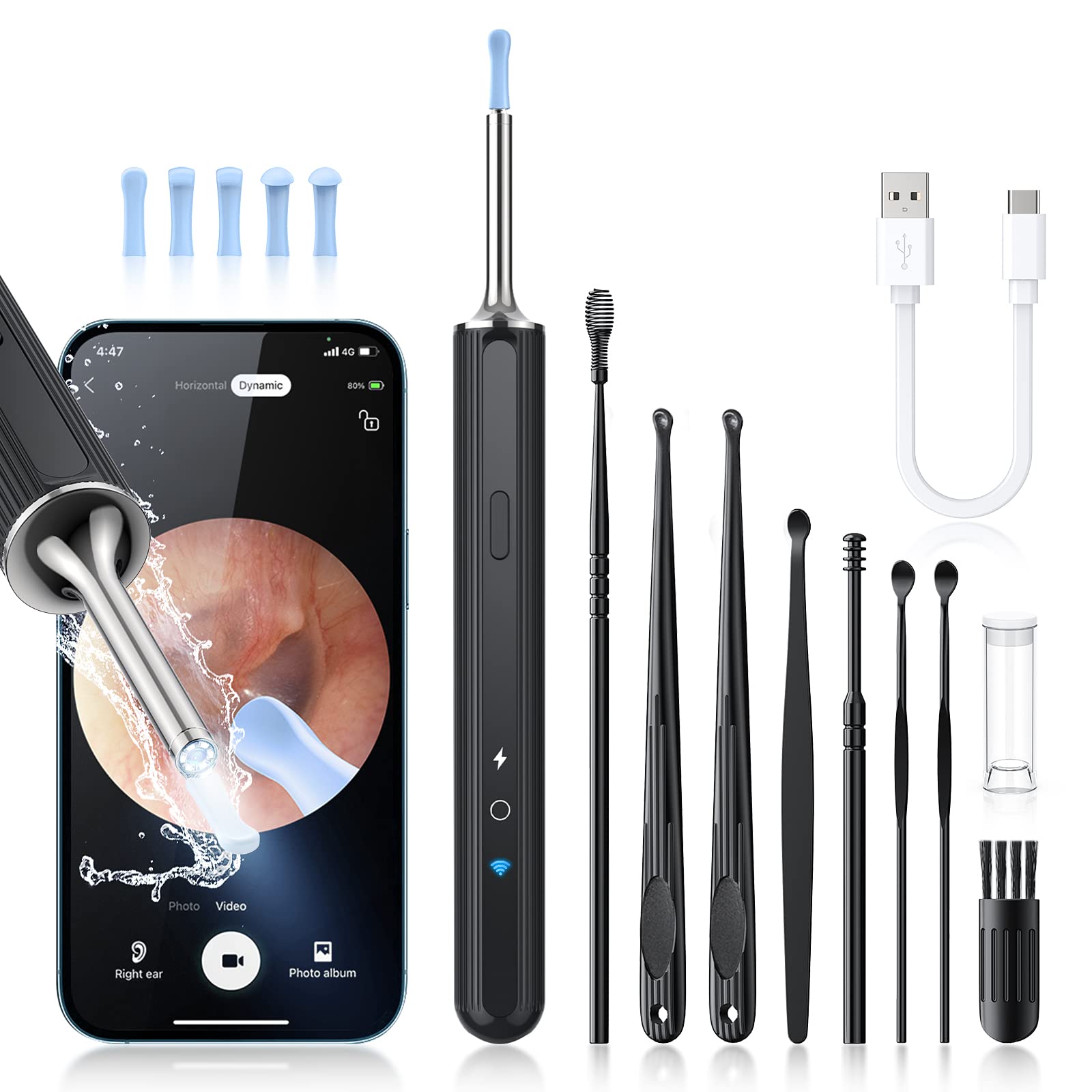 Ear Wax Removal Tool, Ear Cleaner With Camera Built-in Wifi, Earwax Removal  Kit With 6 Silicone Ear Pick, Ear Cleaning Kit With Ip67 Waterproof(black