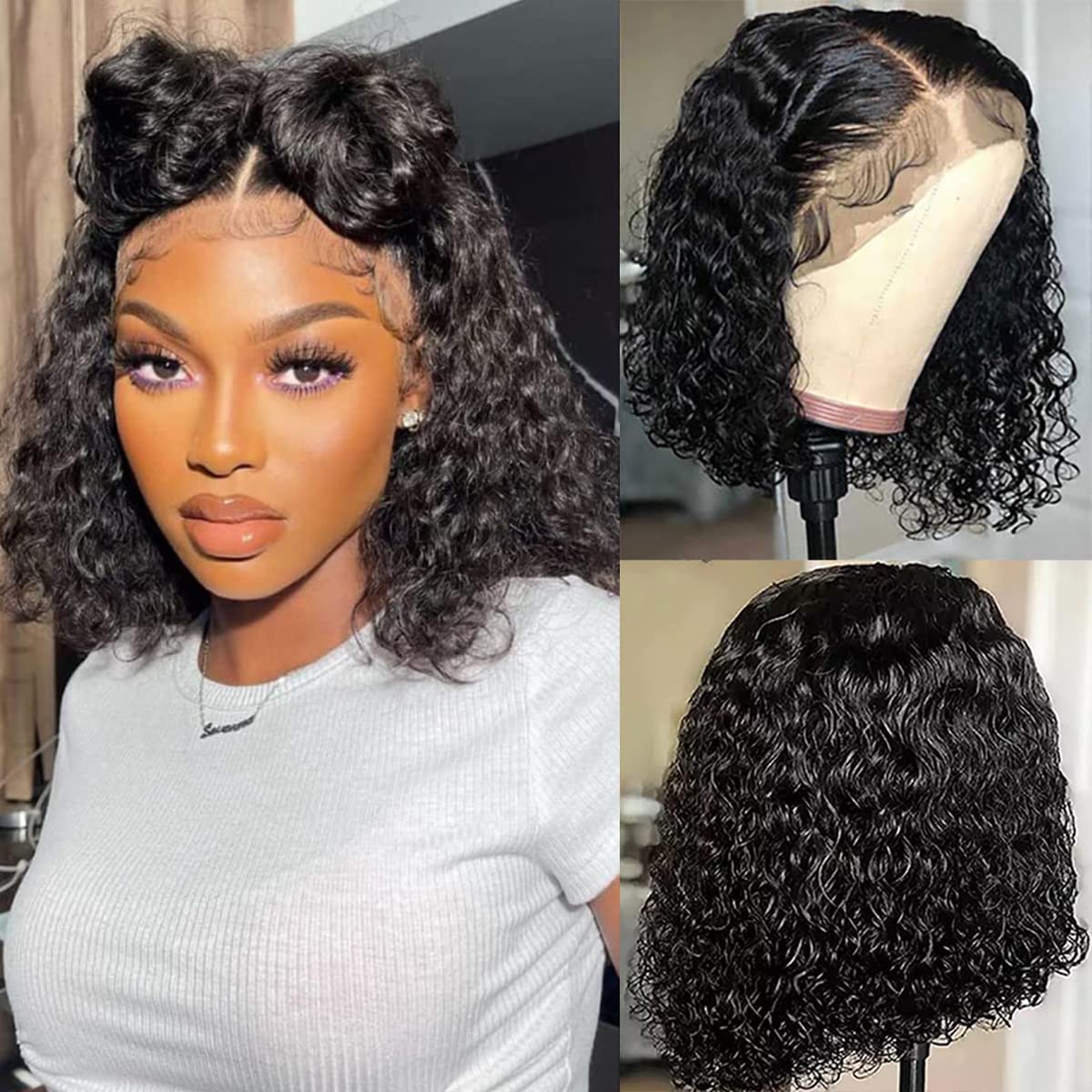 Glueless Wigs Human Hair Pre Plucked with Baby Hair Bob Wig Human Hair Wear  and Go Glueless Wig for Beginners 180% Density Deep Wave Lace Front Wigs  Human Hair 16 Inches Natural