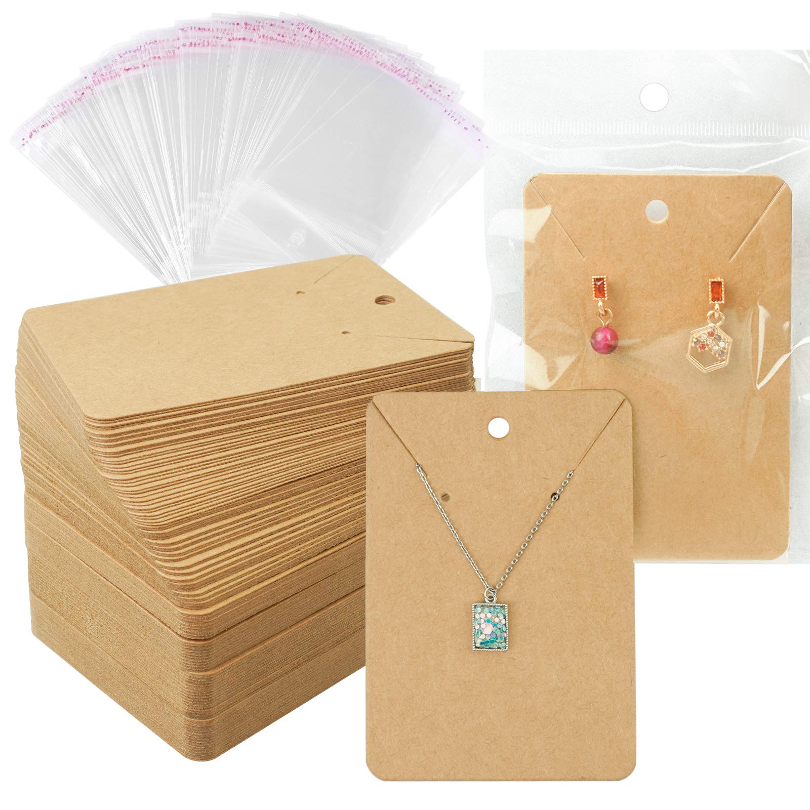 Earring Cards Necklace Display Cards with Bags 150 Earring Display Cards  150 Pcs Self-Seal Bags Kraft Paper Tags for DIY Ear Studs(Brown)