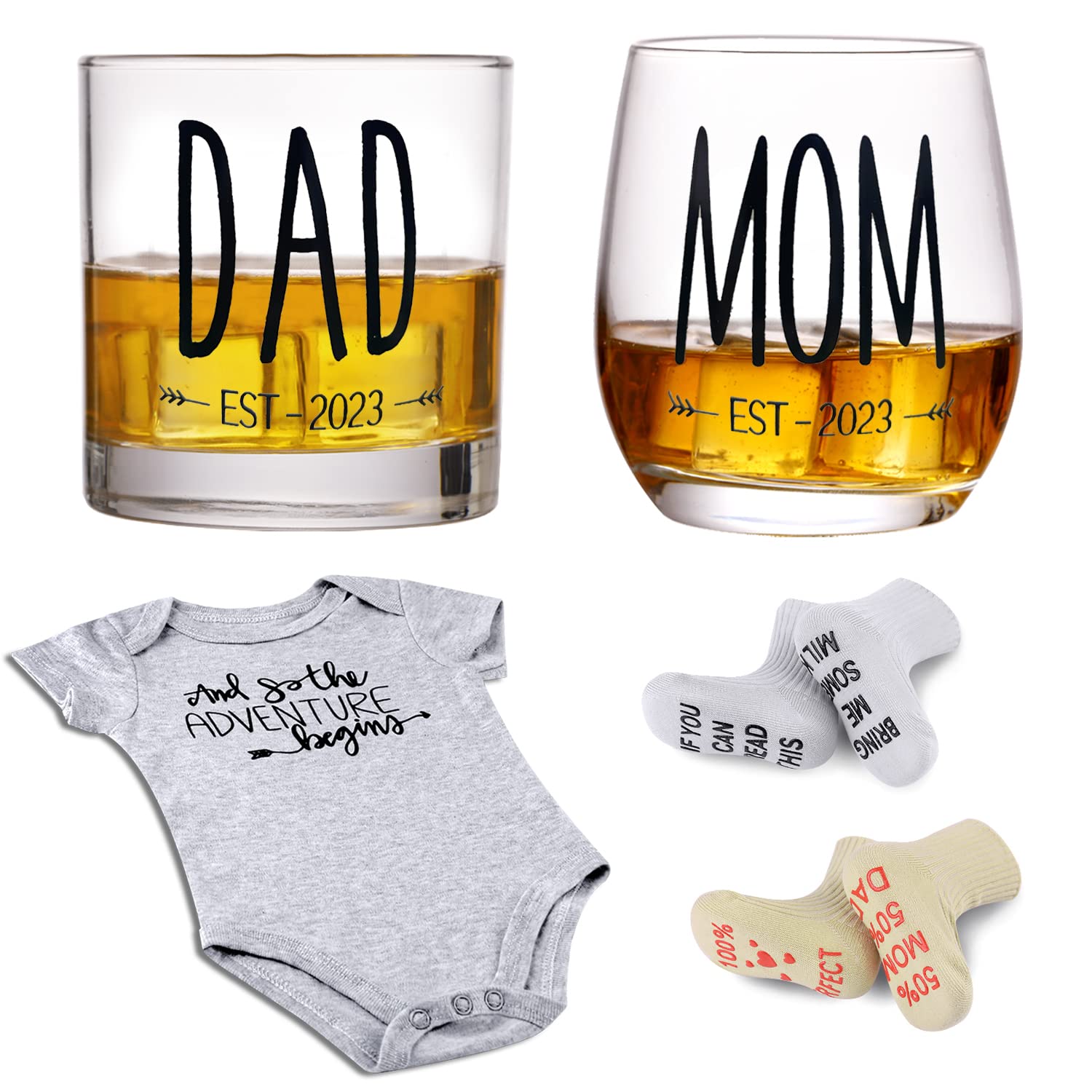 Pregnancy Gifts for First Time Moms Dad, Mommy and Daddy Est 2023 Stainless  Steel Wine Tumbler Set with Onesie Baby Socks Drool Bib and Decision Coin