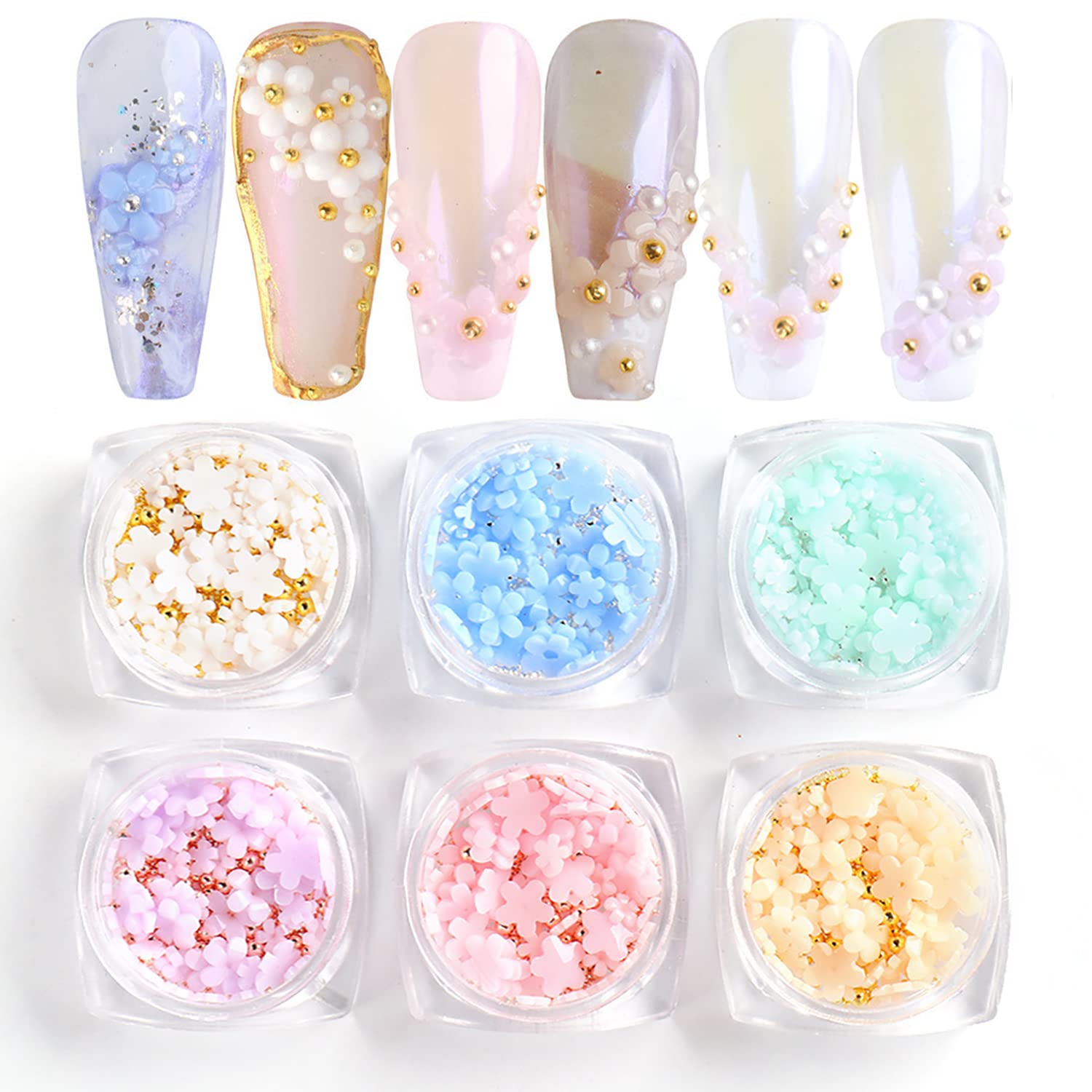 6 Boxes 3D Flower Nail Art Charms Light Change Nail Decals for