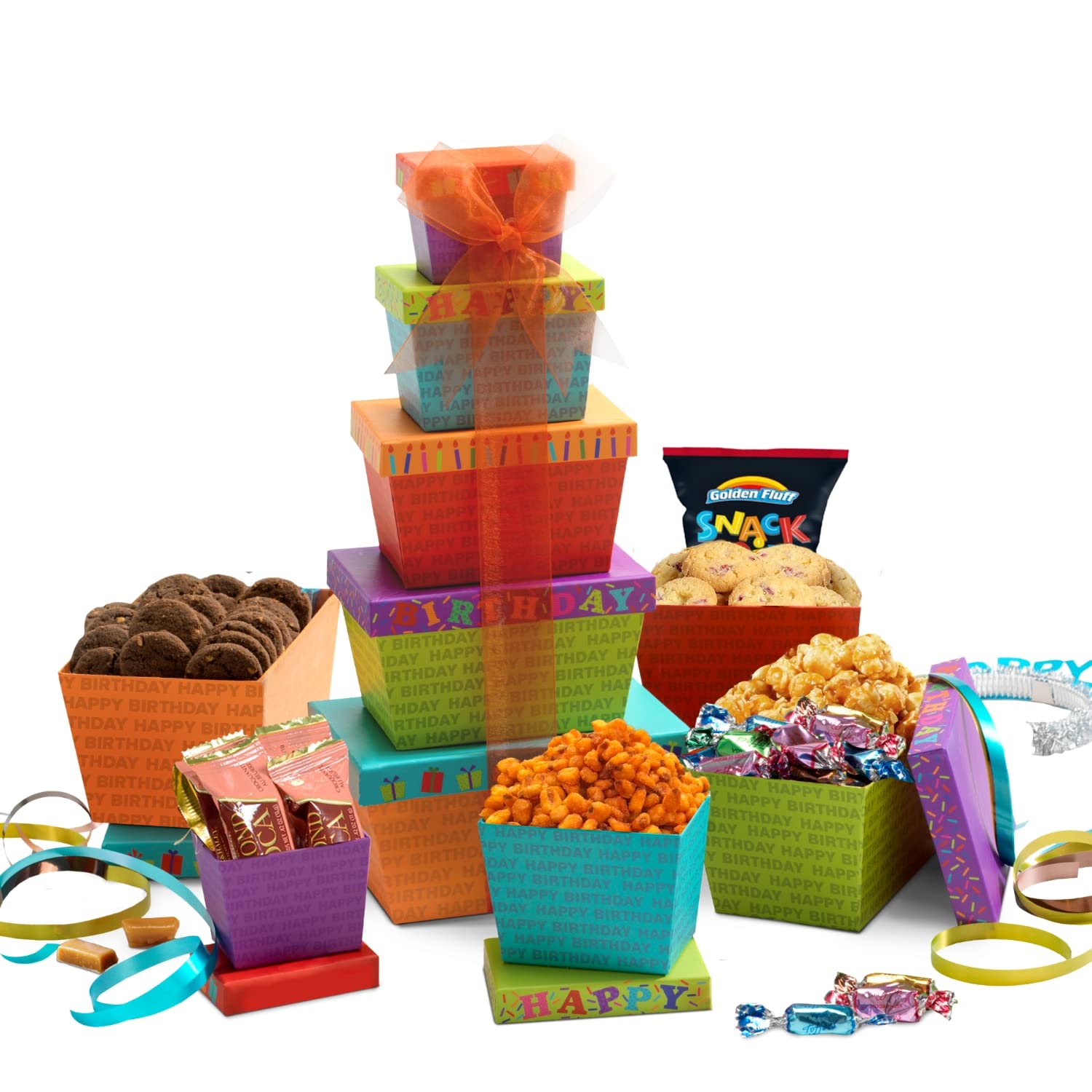 Broadway Basketeers Gourmet Food Gift Basket 6 Box Tower for Birthdays –  Curated Snack Box, Sweet and Savory Treats for Parties, Best Wishes,  Birthday