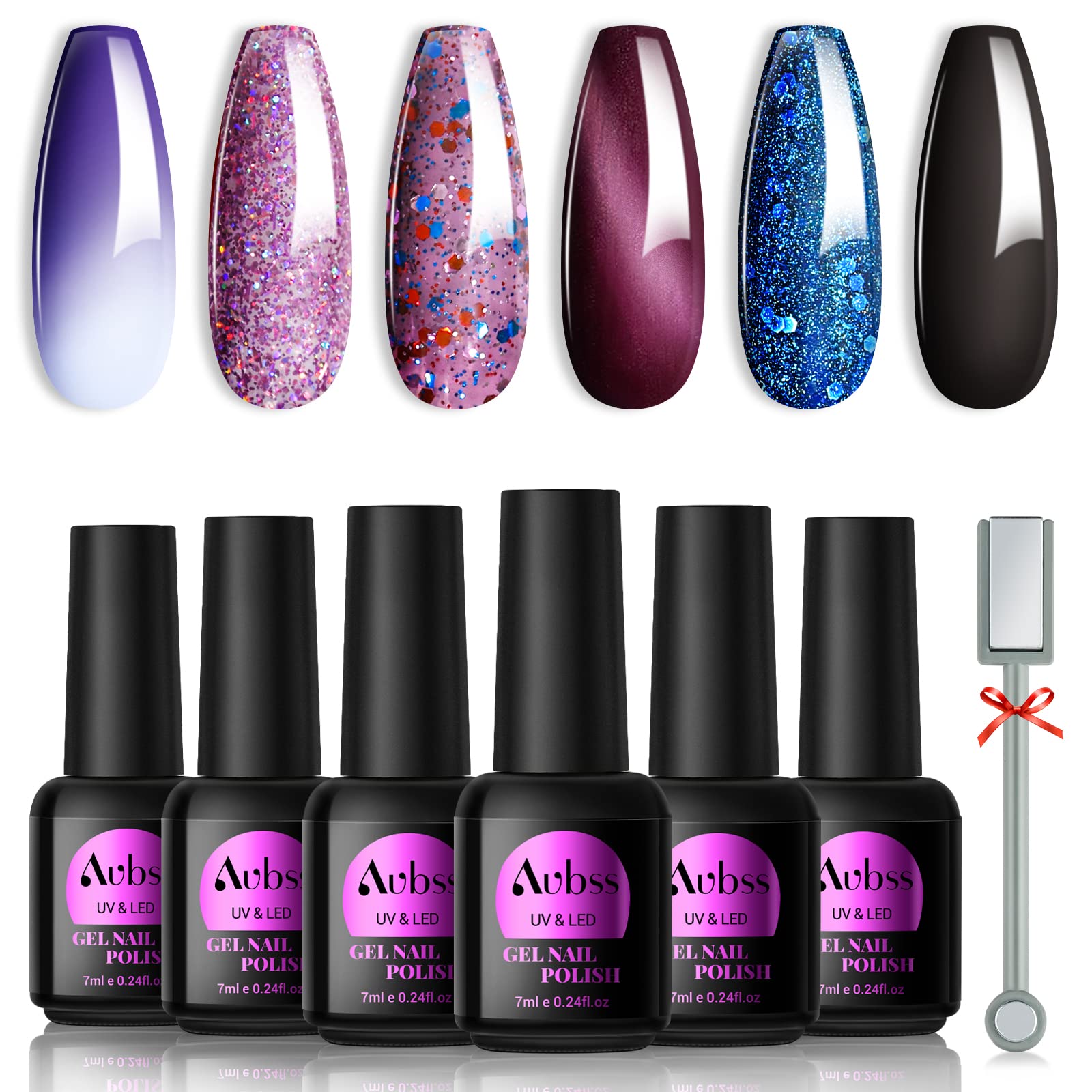 Aubss Glitter Gel Nail Polish Set 6 Colors, Color Changing Purple Cat Eye  Magnetic Purple Sparkle Purple Temperature Color Changing Gel Nail Polish  Cat Eye Polish Gel Nail Art Manicure DIY Salon