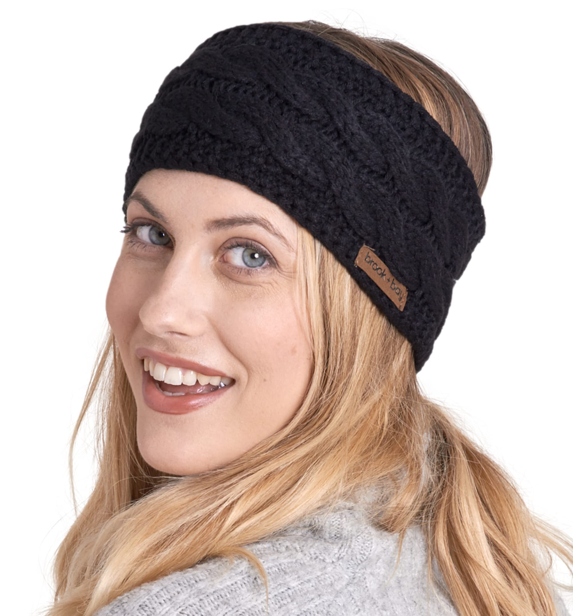 Brook + Bay Womens Winter Ear Warmer Headband - Fleece Lined Cable Knit Ear  Band Covers for Cold Weather - Soft & Stretchy Head Wrap Black