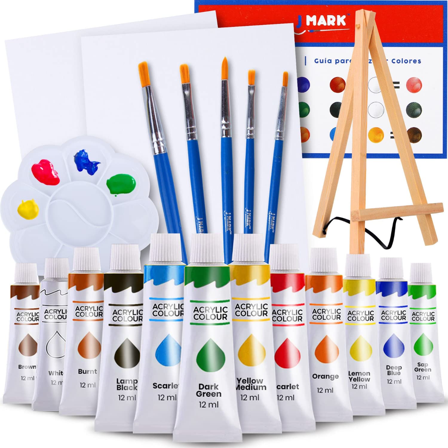 Kids Canvas Painting Set 6 Paint Brushes 12 Tubes of Acrylic Paint 2  Canvases