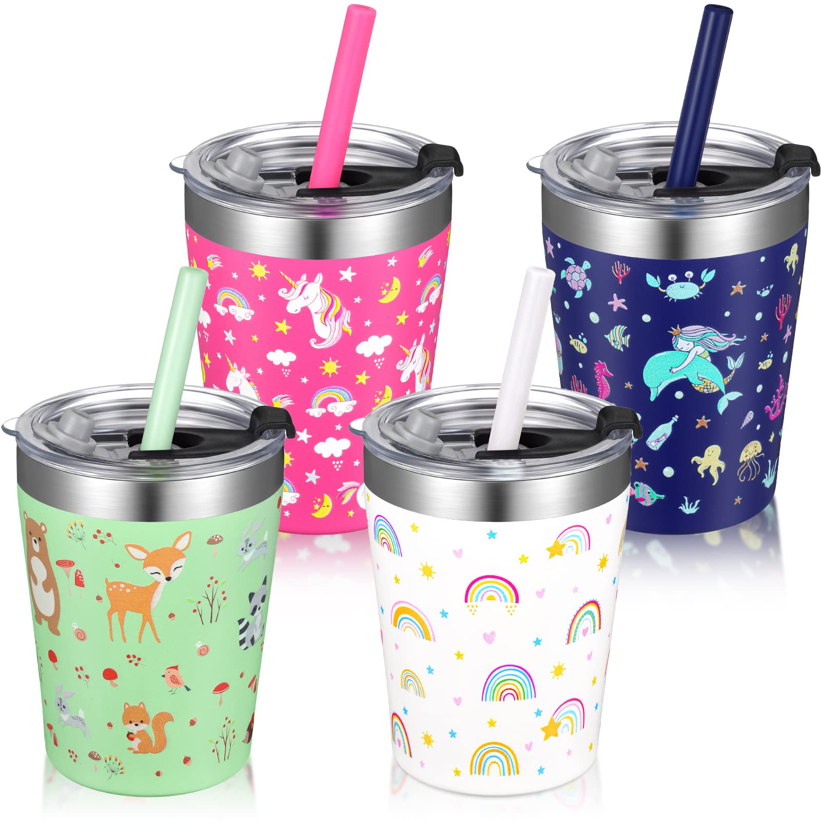 Yahenda 4 Pack Kids Straw Sippy Cups Toddler Stainless Steel Smoothie Cups  Spill Proof Insulated Tumbler with Lid and Silicone Straw Unicorn Mermaid  Baby Water Bottle for Girls Boys Hot Drink