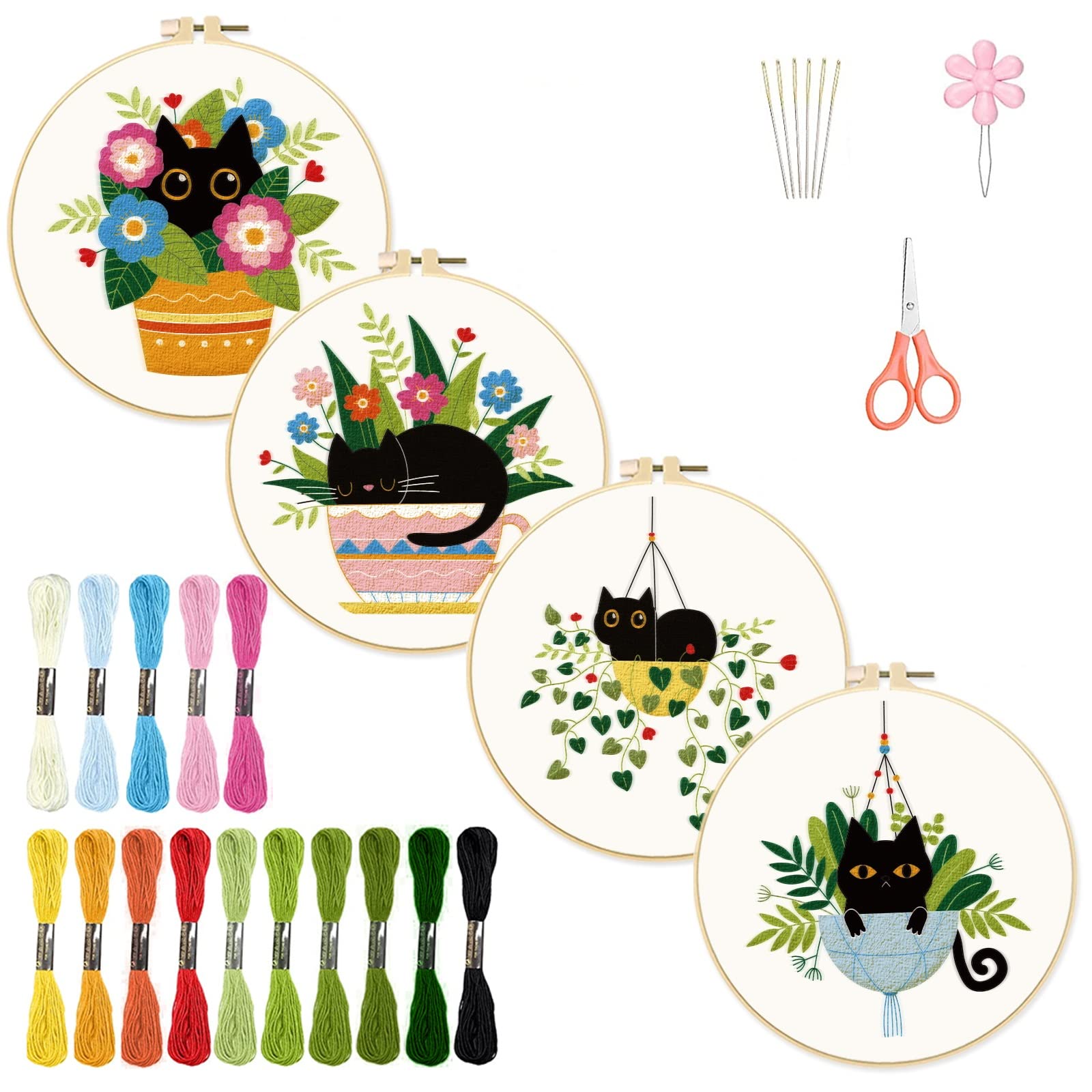 INFUNLY 4 Pack Embroidery Starter Kit Black Cat Cross Stitch Kit with  Instructions DIY Beginner Plant Embroidery Set with Plastic Embroidery  Hoops Threads and Needles for Beginners Adults DIY Craft