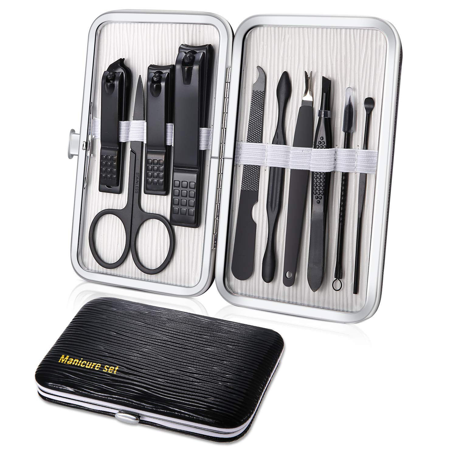 Manicure Set 10pcs Professional Nail Clippers Kit Pedicure Care  Tools-Stainless Steel Grooming Tools for Travel (Black)