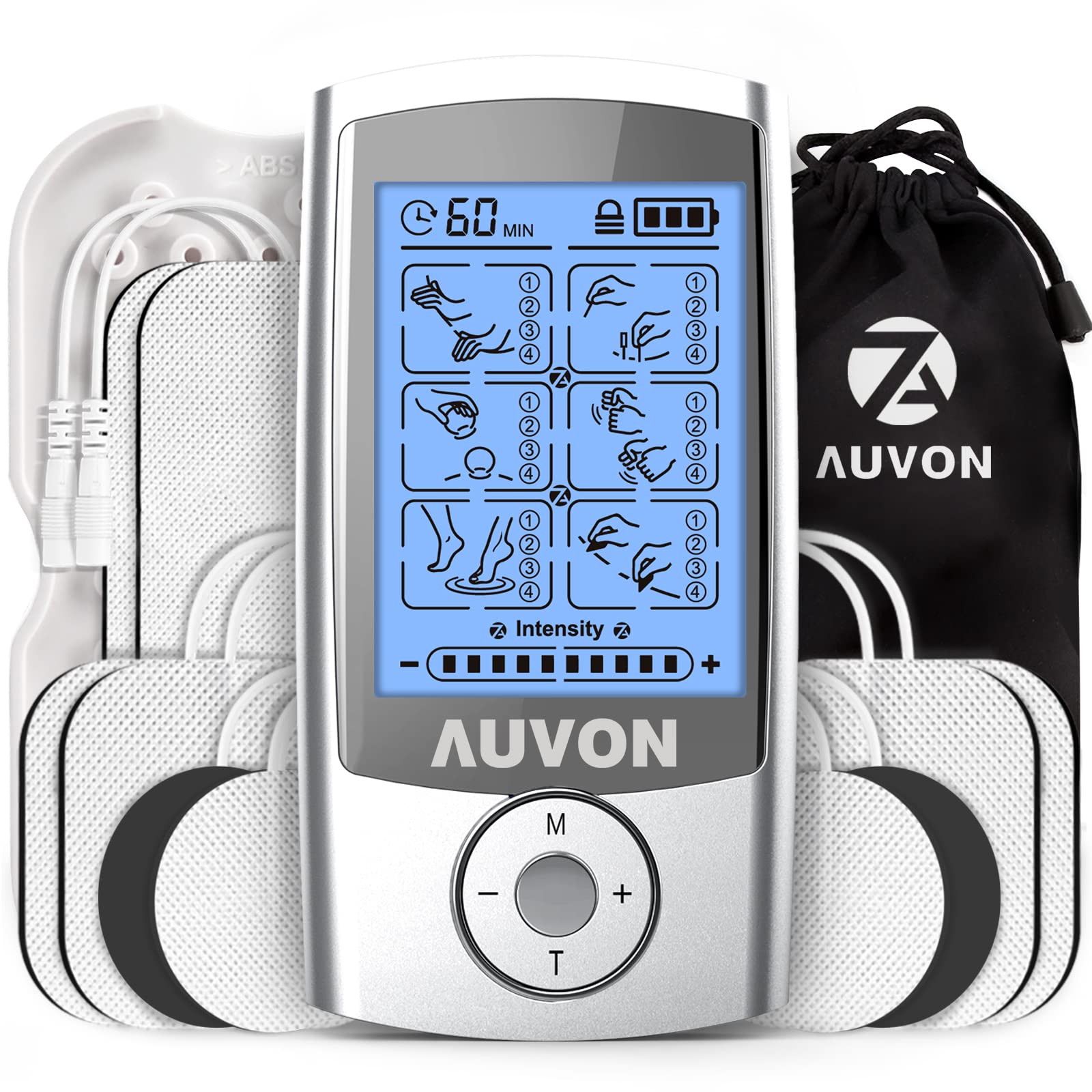 AUVON 24 Modes Rechargeable TENS Unit, 4th Gen Muscle Stimulator with 10pcs TENS  Machine Electrodes for