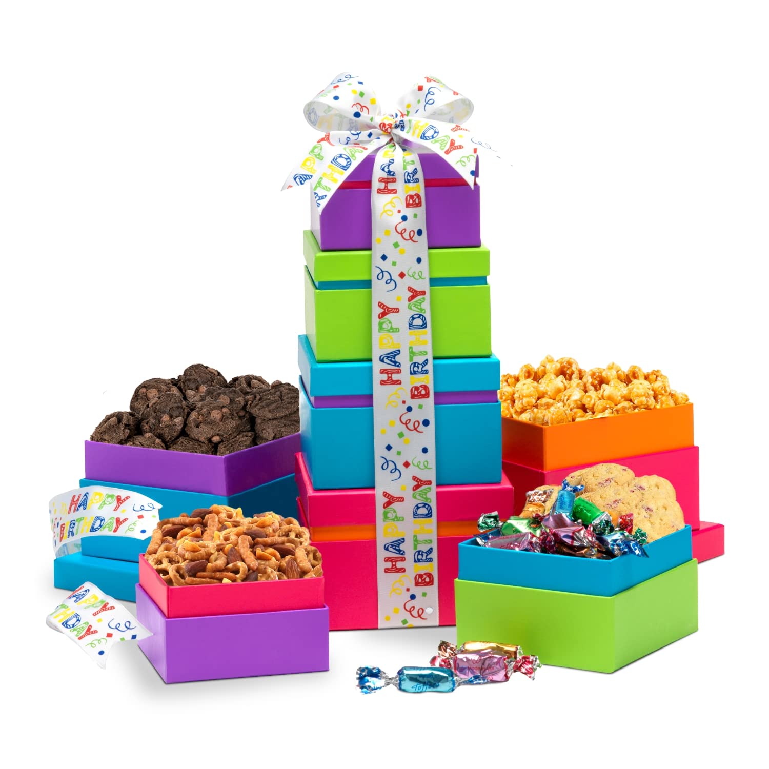 Broadway Basketeers Gourmet Food Gift Basket 4 Box Tower for Birthdays  Curated Snack Box, Sweet and Savory Treats for Parties, Best Wishes,  Birthday Presents for Women, Men, Mom, Dad, Her, Him, Families