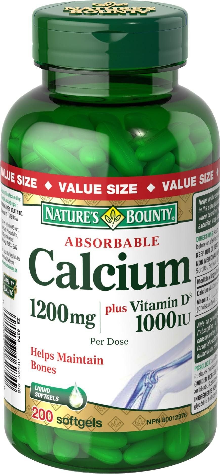 Natures Bounty Absorbable Calcium Plus Vitamin D3 1200 Mg 200 Softgels 6597
