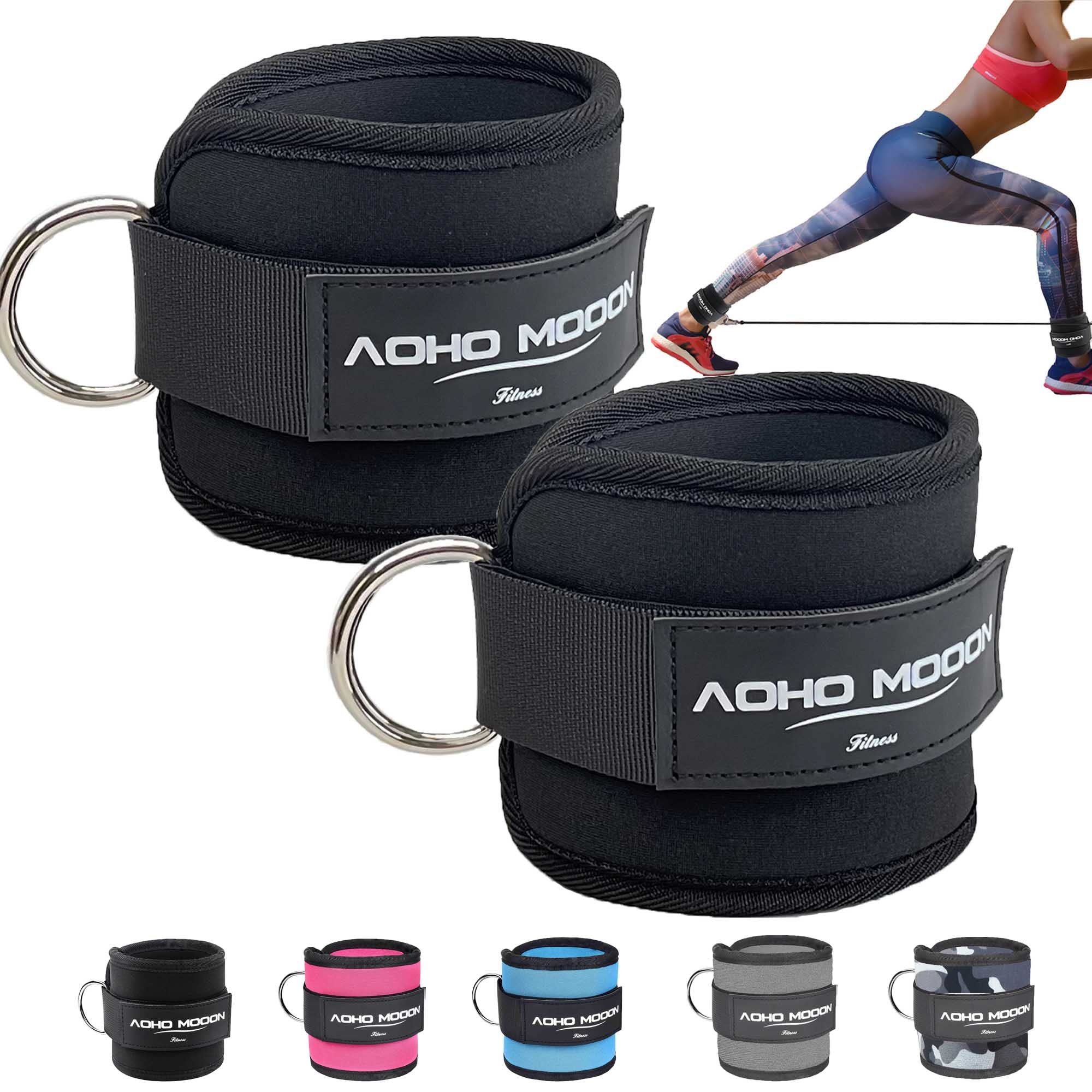 AOHO MOOON Comfortable Adjustable Padded Ankle Wrist Cuffs Neoprene Padded  Straps D-Ring Glute Kickback for Cable Machine, Ideal for Glutes Exercises  Black - Pair