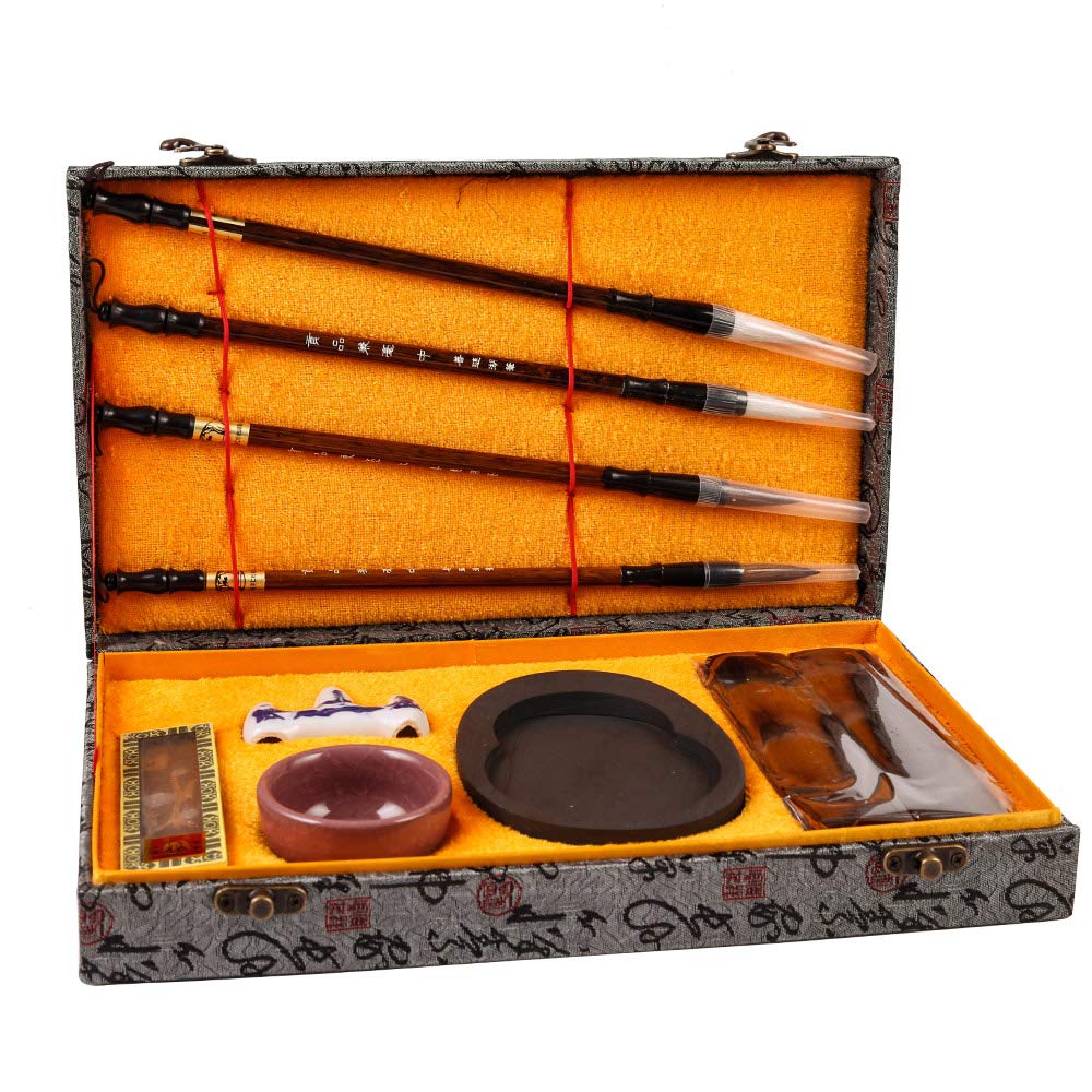 Vintage Chinese Calligraphy Set Kit Box With 4 Brushes Red Wax Foo