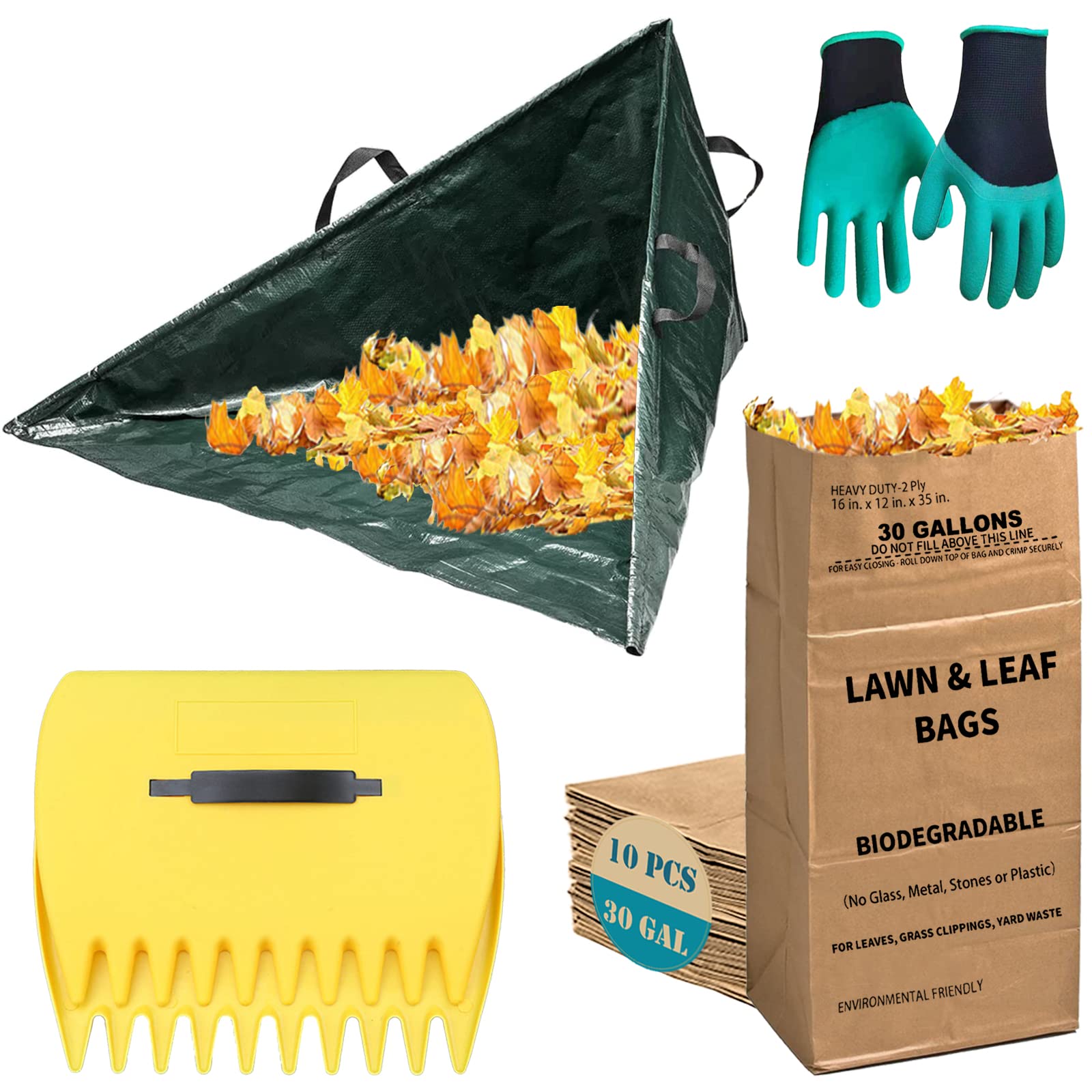 LeafSky Leaf Collector Tripod Bag and Lawn Leaf bag Kit with leaf scoops  Gloves  10 Count 30 Gallon 2-Ply Heavy Duty Self Standing Kraft Paper Bags  Yard Waste Bag for Grass