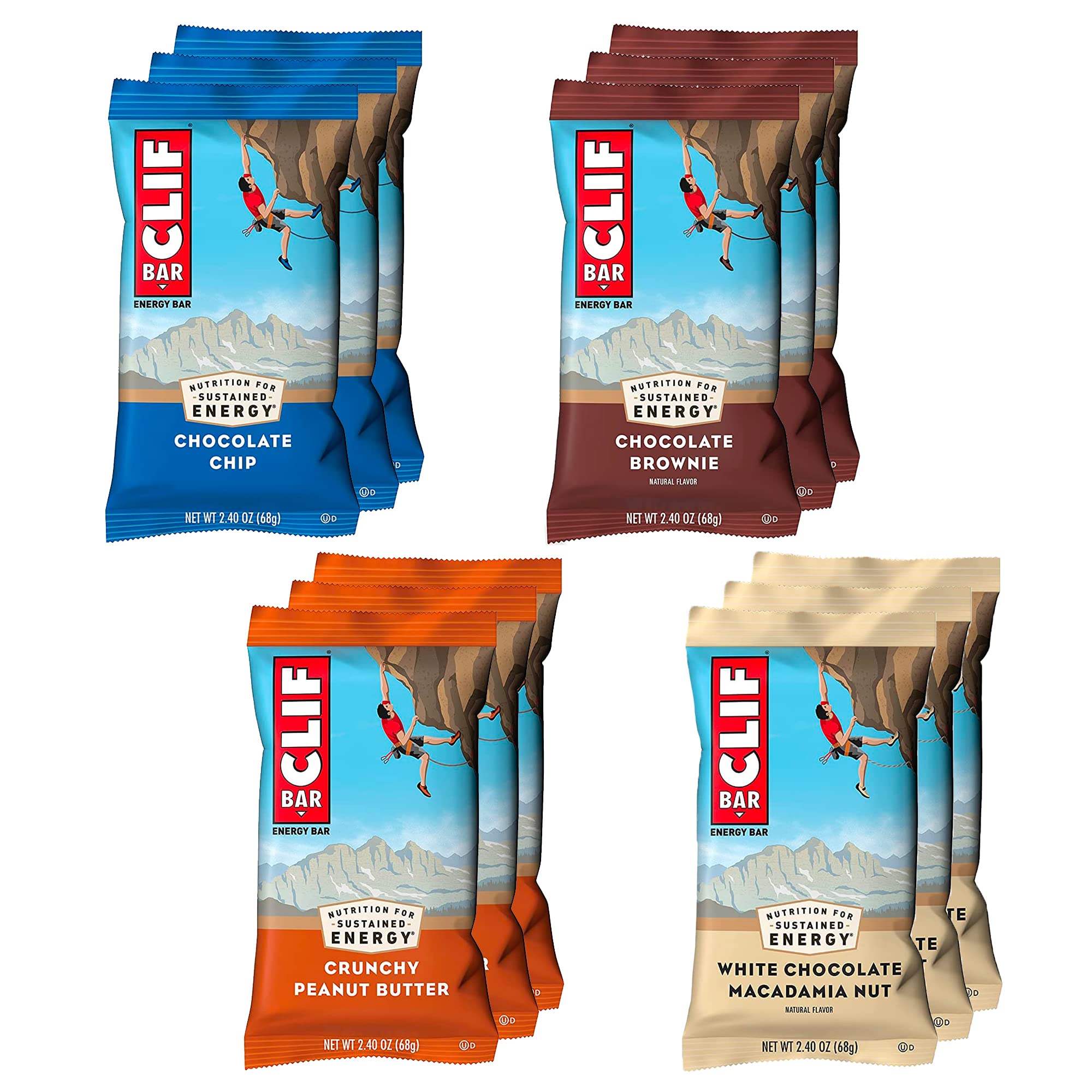 CLIF BARS - Energy Bars - 4 Flavor Variety Pack, 3 Bars of Each Flavor -  Made with Organic Oats - Plant Based Food - Vegetarian - Kosher (2.4 Ounce  Protein Bars, 12 Count) 12 Count (Pack of 1)