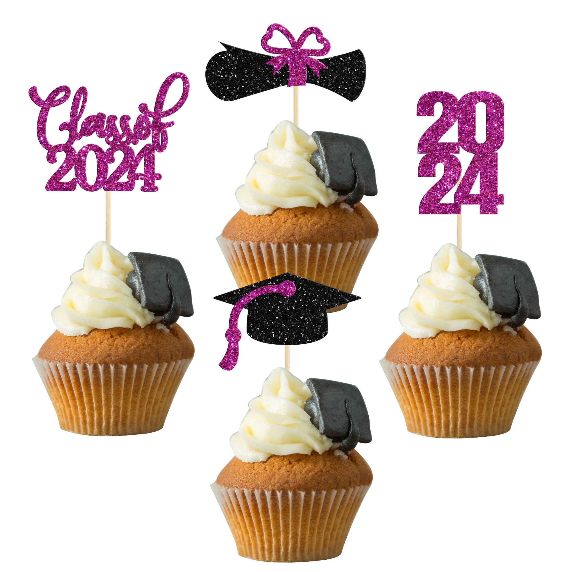 36 Pack Graduation Cupcake Toppers 2024 Glitter Class Of 2024 Cupcake