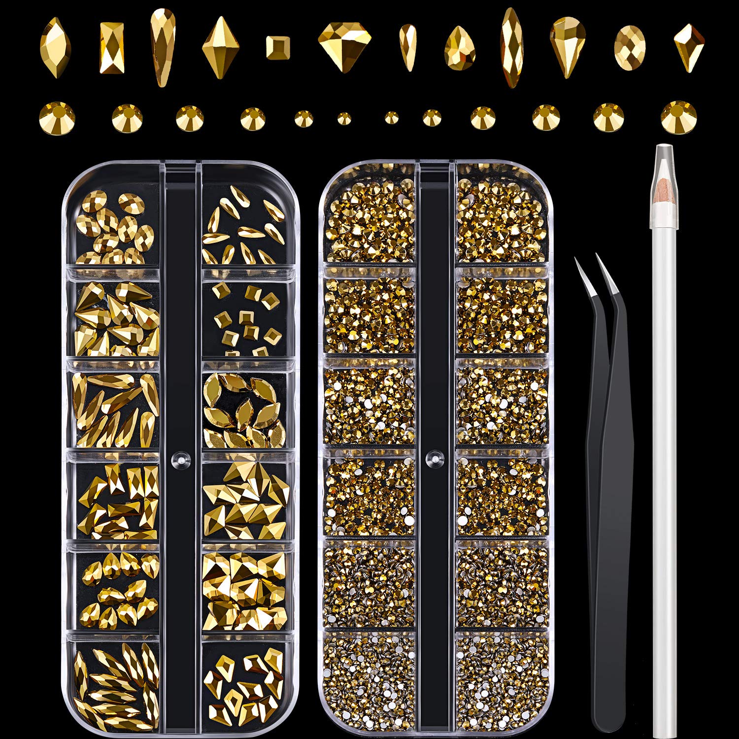 Gold Rhinestones Set 1728 + 120 Pieces, Round & Multi-Shape Gold Crystal  Rhinestone, Gold Nail Rhinestones, Flatback Rhinestones for Nails, Clothes