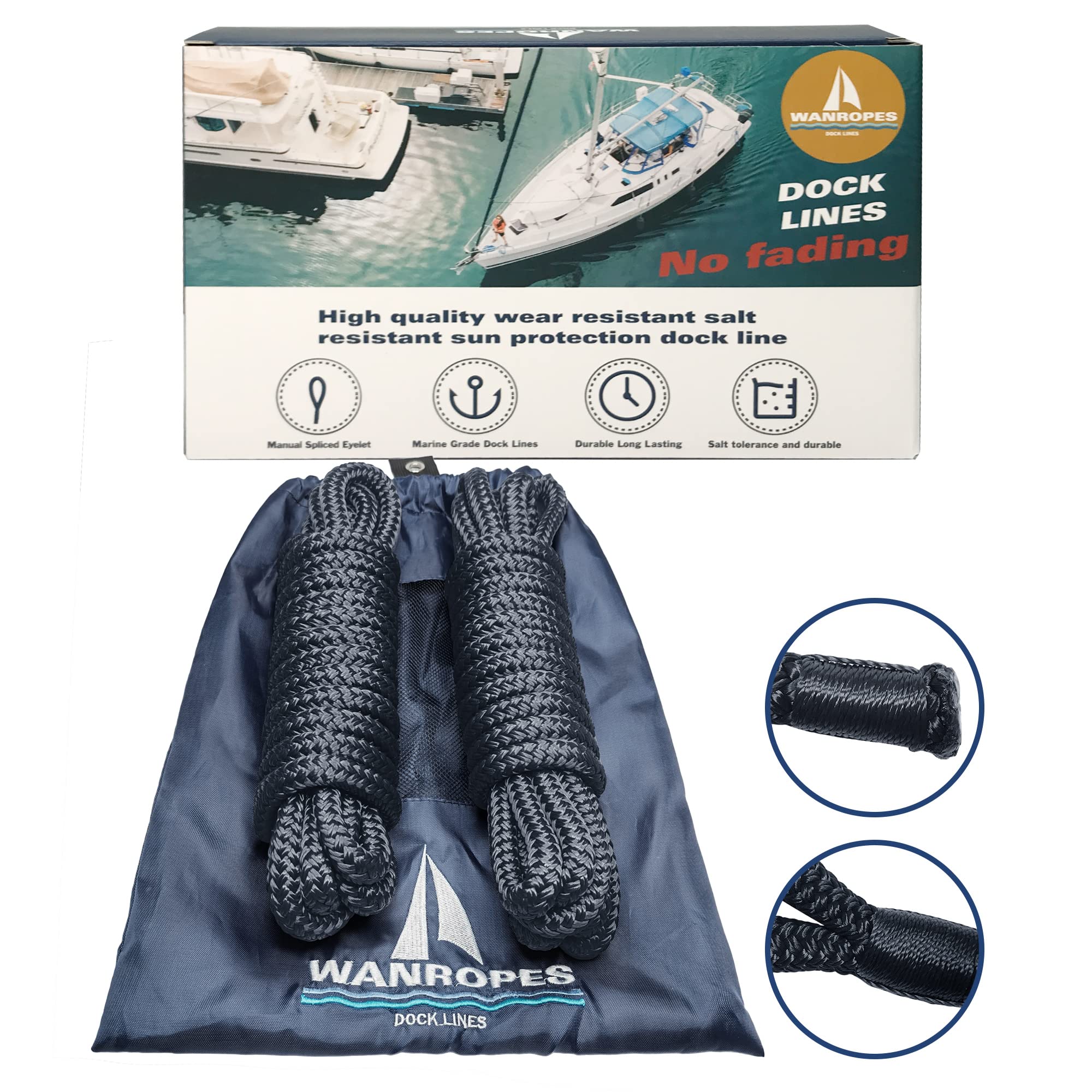 Wanropes Dock Lines Boat Ropes for Docking 1/2 15FT Double Braided Nylon Mooring  Marine Rope Boat 2 Pack for Boats, Marine Rope, Small Boat Accessories 1/2x15'  (2PK)