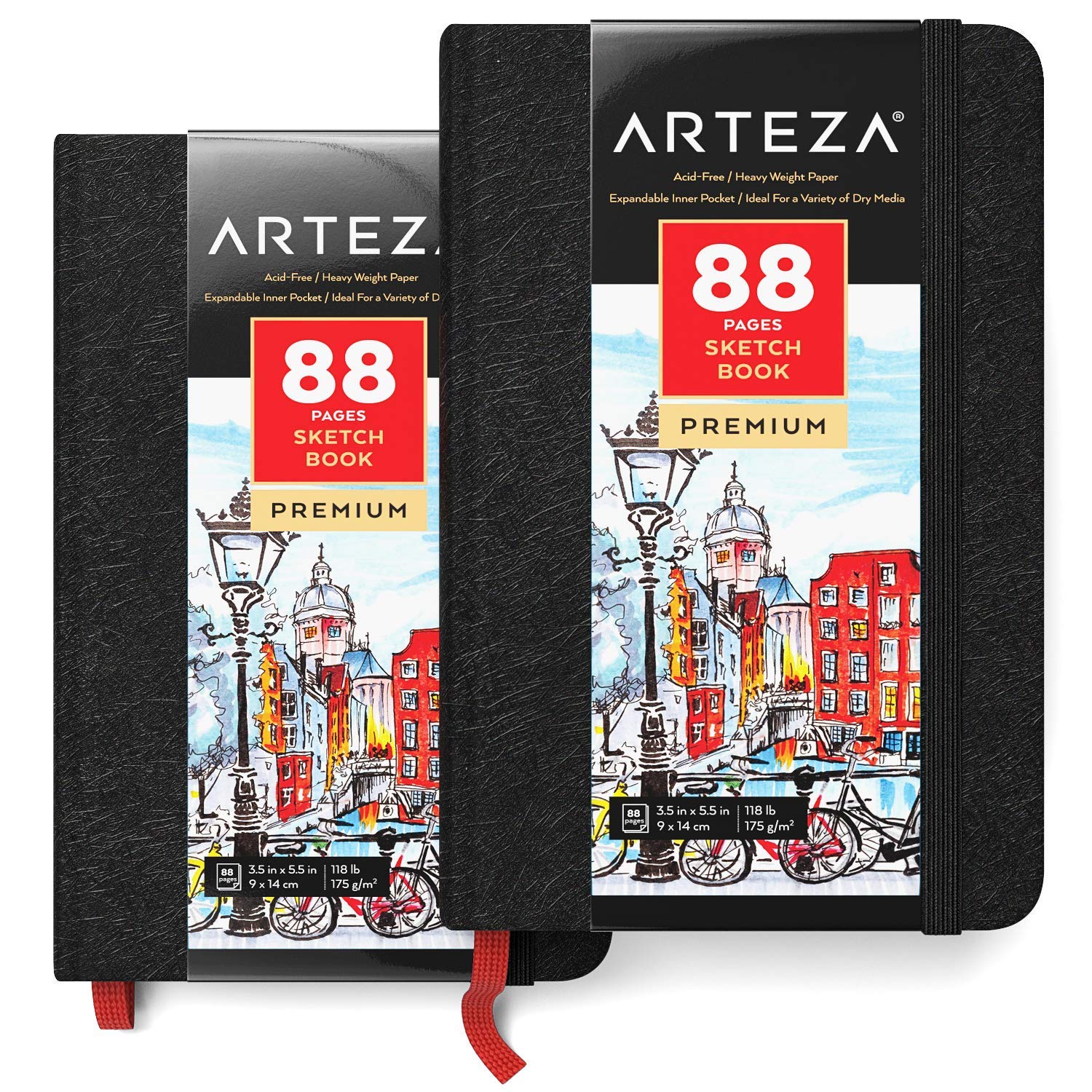 Arteza Small Sketch Book Pack of 2, 3.5 x 5.5 Inches Drawing Pad, 88-Page  Pocket Sketch Pads with 118lb Paper, Bookmark Ribbon, Inner Pocket, and  Elastic Strap, Drawing Book for Dry Media