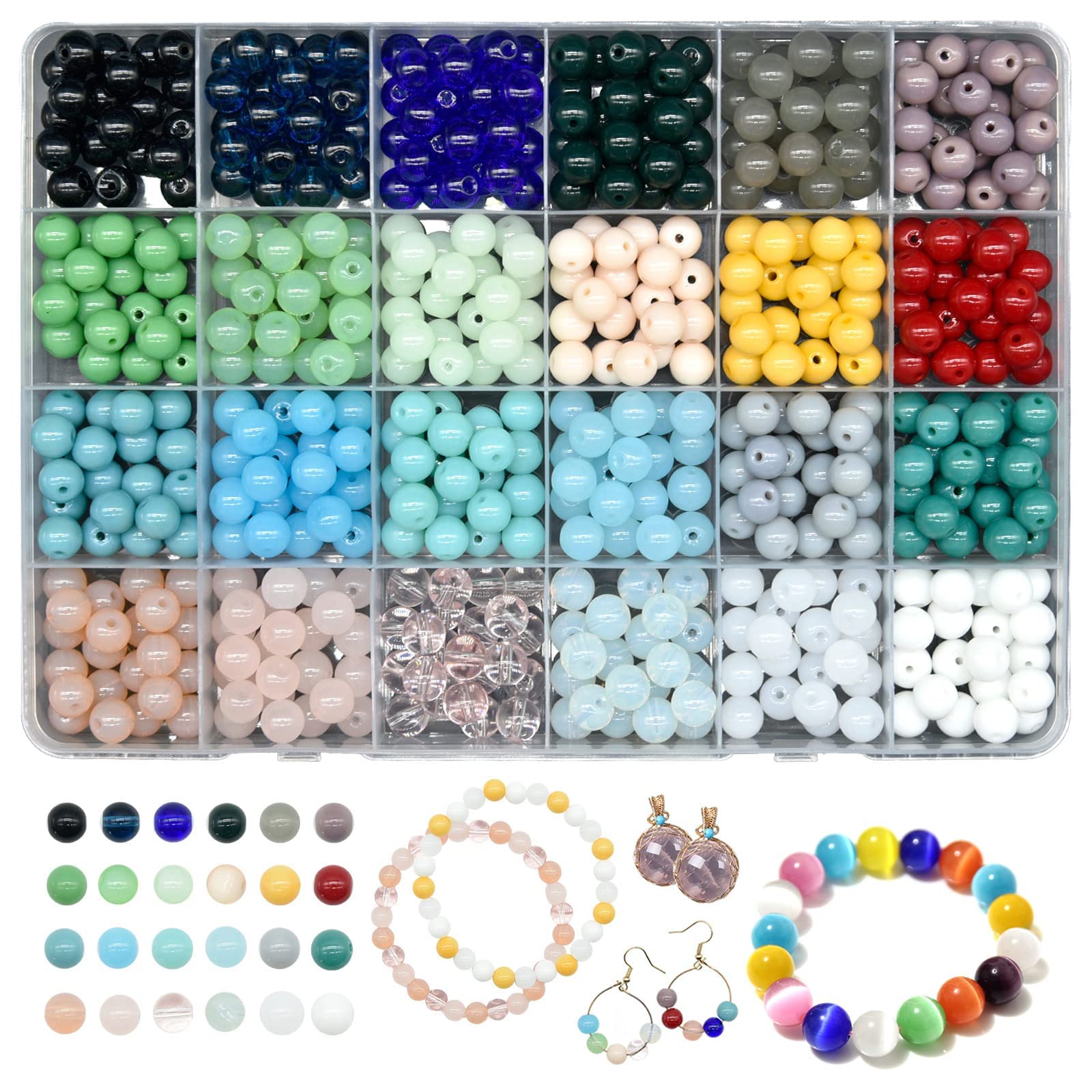 JOJANEAS 8mm Glass Beads for Jewelry Making, 24 Colors Gradient Gemstone  Beads Crystal Beads Bracelet Making Kit DIY Round Beads Assorted Cute Beads