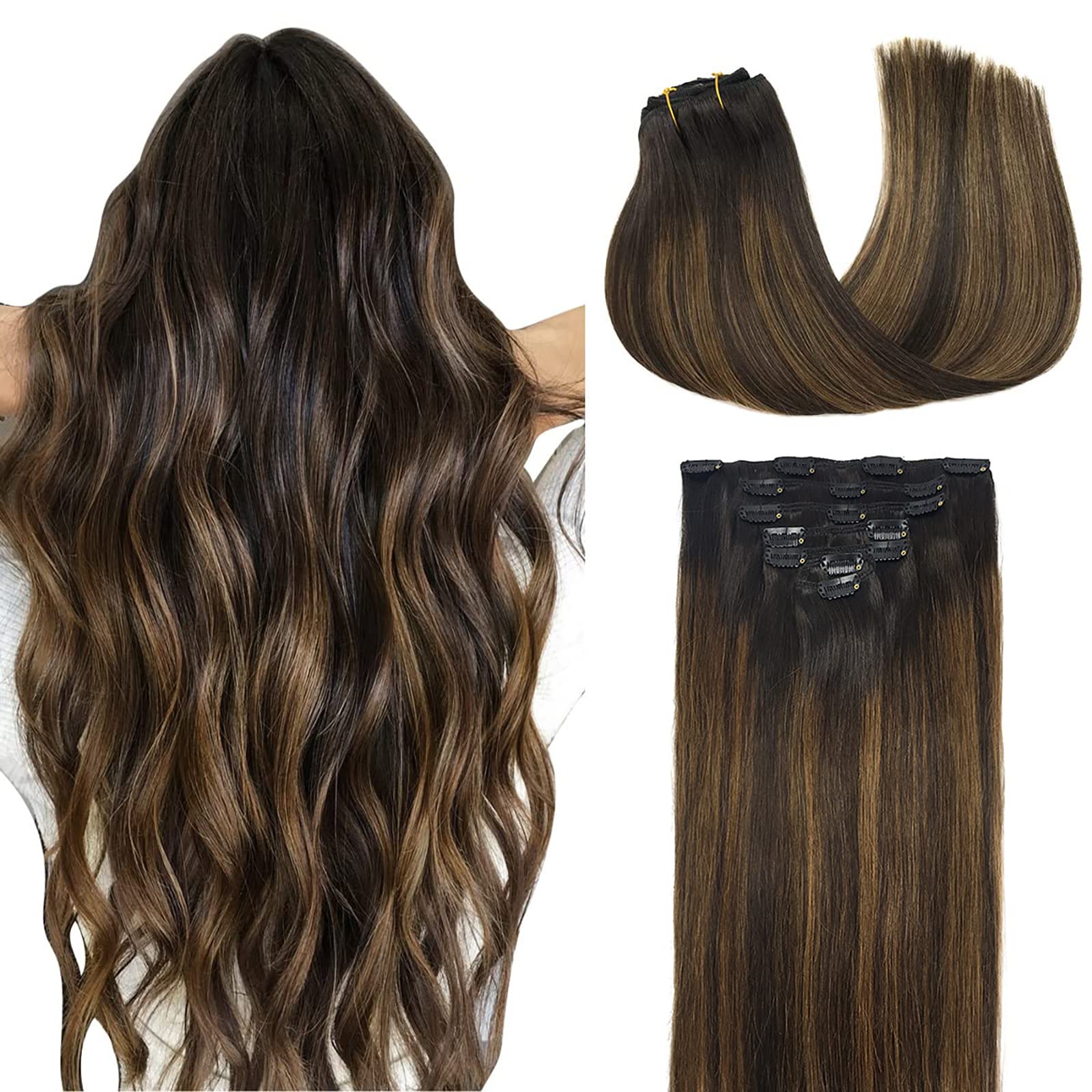 Clip in Hair Extensions Human Hair Extensions DOORES Balayage Dark Brown to  Chestnut Brown 120g 7pcs 18 Inch Real Human Hair Extensions Clip in  Straight Remy Hair Extensions 18 Inch-120g 2/6/2 Dark