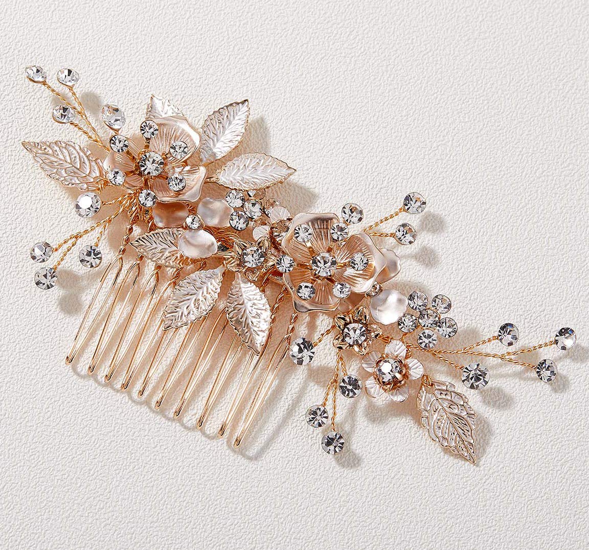 SWEETV Light Rose Gold Wedding Hair Comb Clip Handmade Bridal Hair