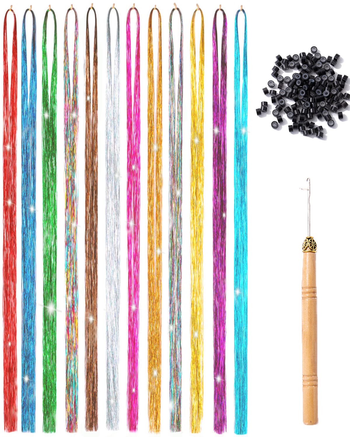 Hair Tinsel Strands Kit, Tinsel Hair Extensions, Shining Shiny Hair Tinsel  Extensions for Women Girls Christmas New Year Party with Tools (12