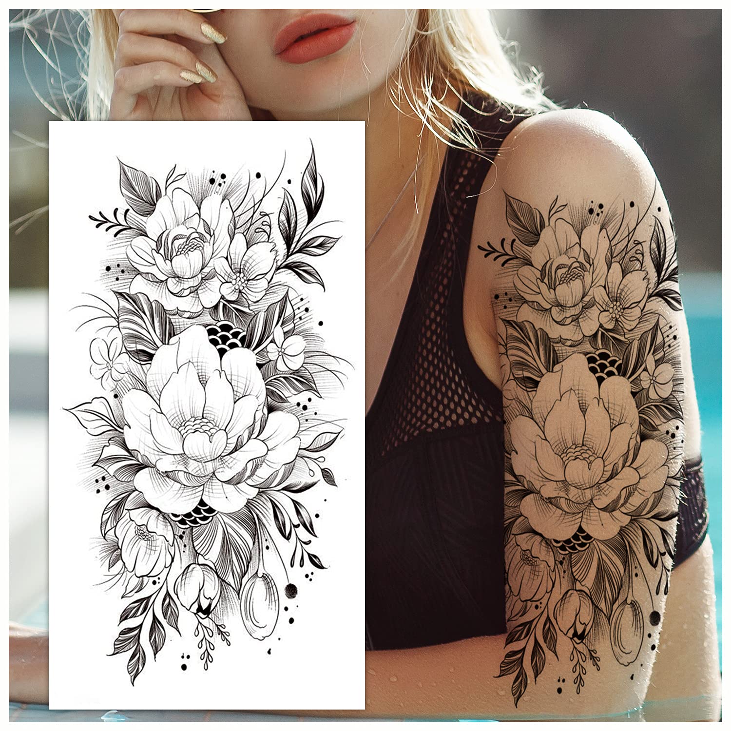 12 Sheets Temporary Tattoos For Women, Large Flower Fake Tattoos