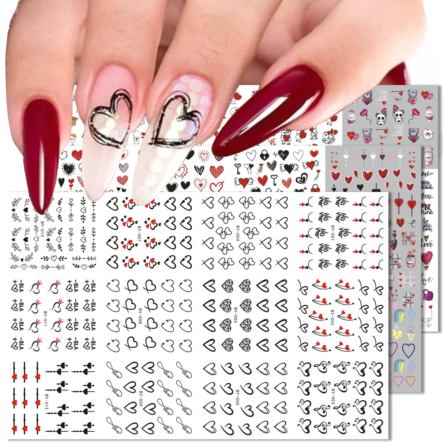 36Pcs Valentines Day Nail Art Stickers Decals Heart Cartoon 3D  Self-Adhesive Nail Decorations Cute Comic Love Nail Sticker Red Black Heart  Designs Nail Supplies Valentines Nail Accessories