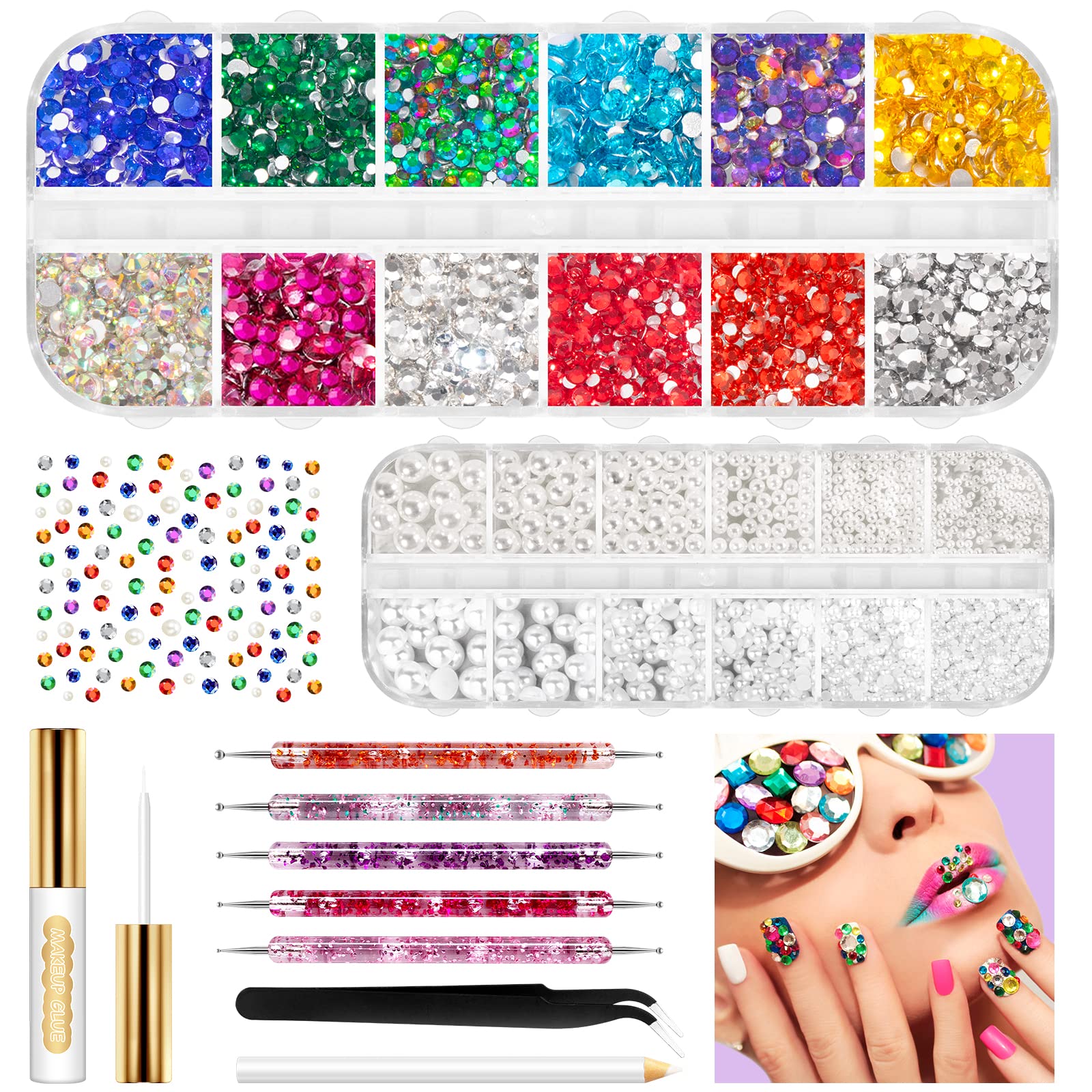 4900PCS Face Gems and Pearls with Glue Face Jewels for Makeup Rhinestones Eye  Gems Flatback Rhinestone Pearl with Dotting Tools Pencil Tweezer for Nail /  Hair / Body / Eyes / Face Rhinestones & Pearls