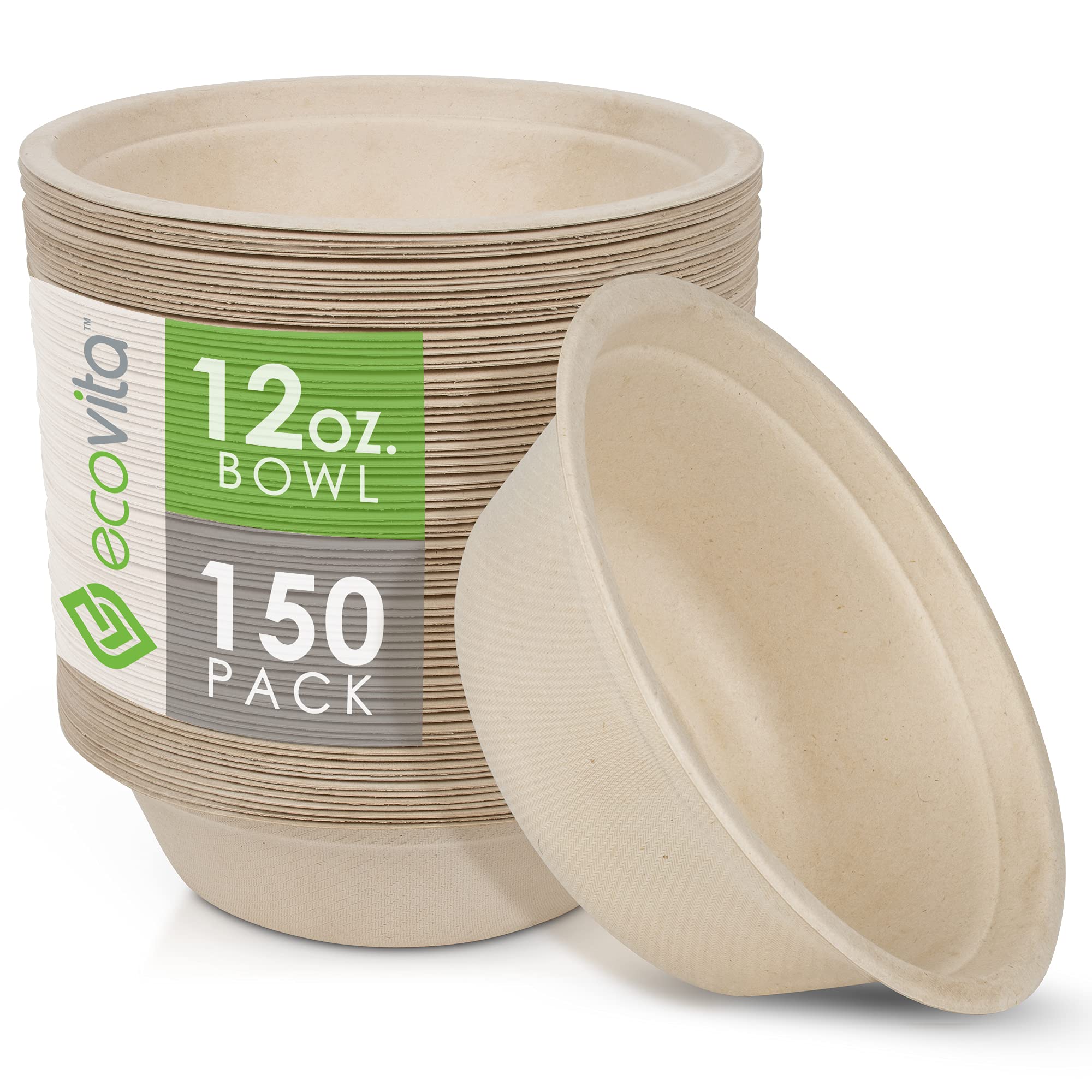 100% Compostable Paper Plates 9 in - 150 Plate Set | Ecovita / Unbleached - Eco Friendly Alternative to Paper Plates