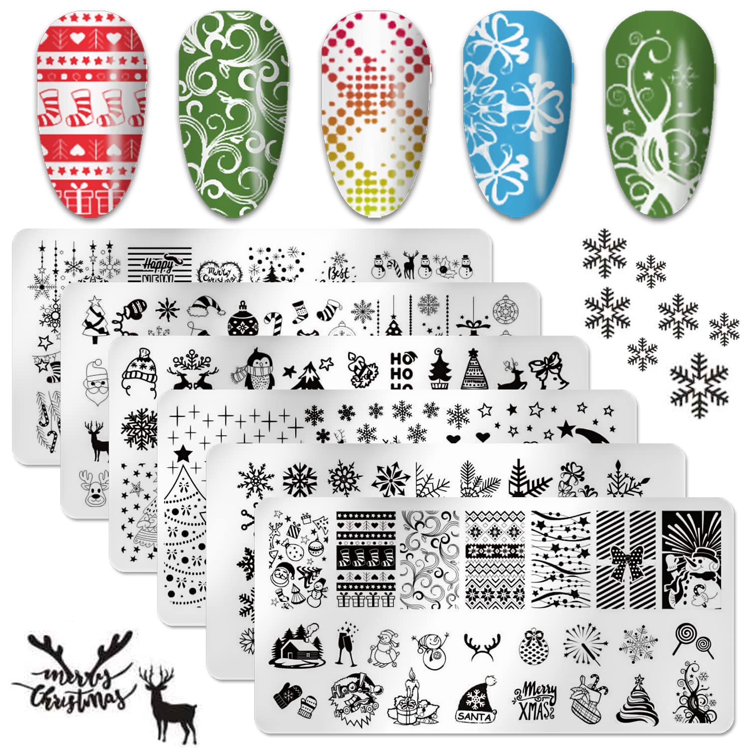 Christmas Nail Stamping Plate 6Pcs Christmas Nail Stamper Kit Snowflake  Christmas Tree Elk Snowman Design Nail Art Stencils Plates with 1 Scraper 1