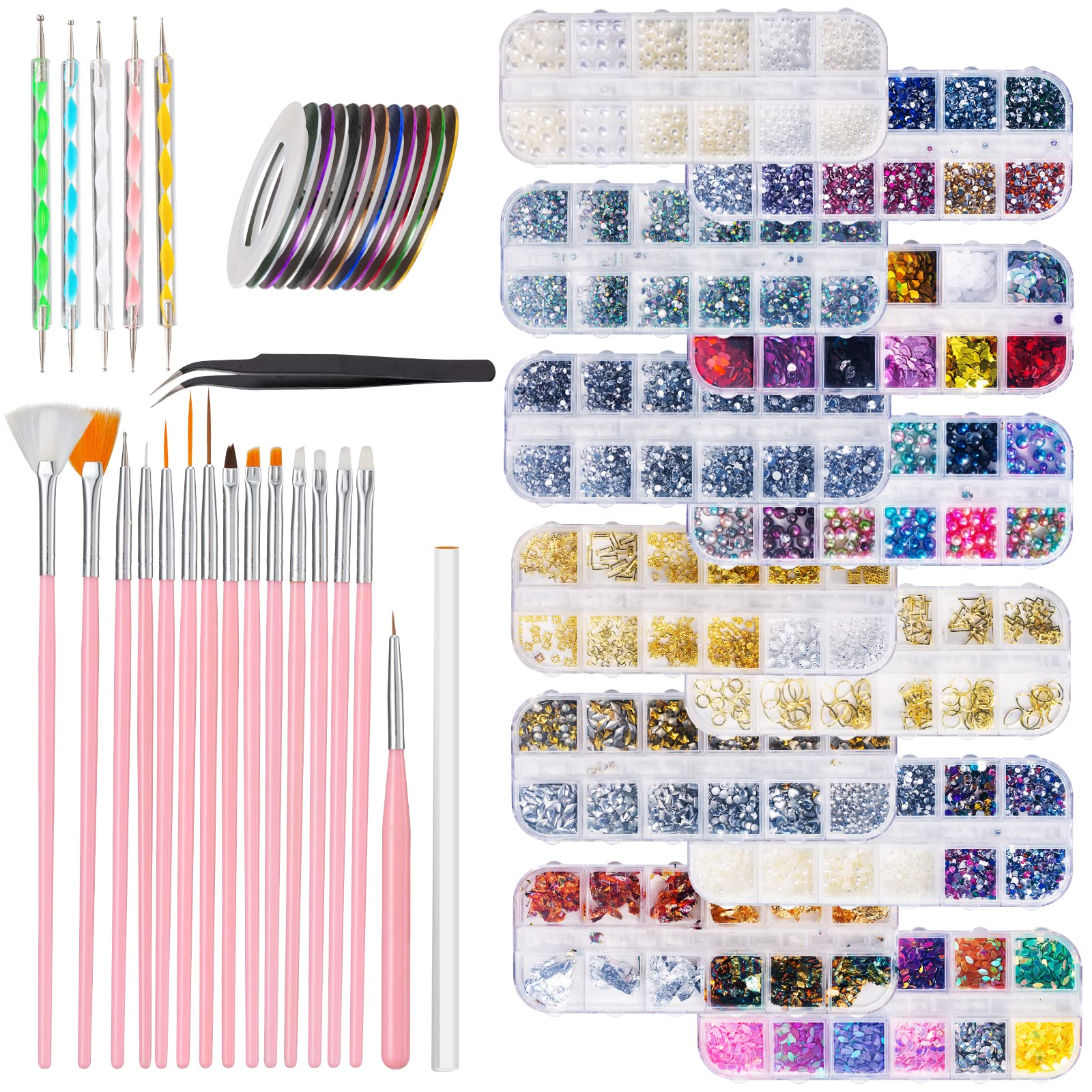 Spaidoon Nail Design Kit for Acrylic Nails Decoration with Nail Art Brushes Dotting Tool Nail Tape Strips Foil Flake Sticker Crystal Nail Rhinestones