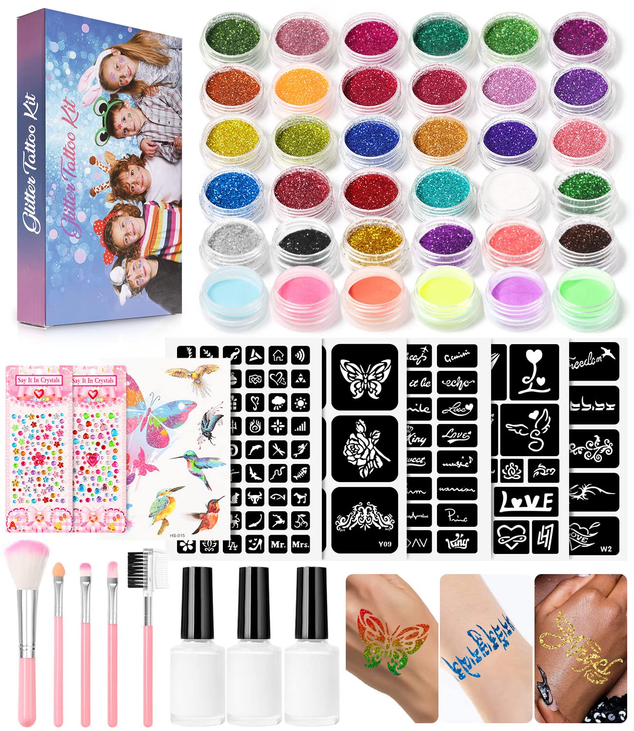 Temporary diamond glitter tattoo kit for kids, glitter powder, make-up  brush, tattoo glue, party face, body art kits, 30 colors - AliExpress