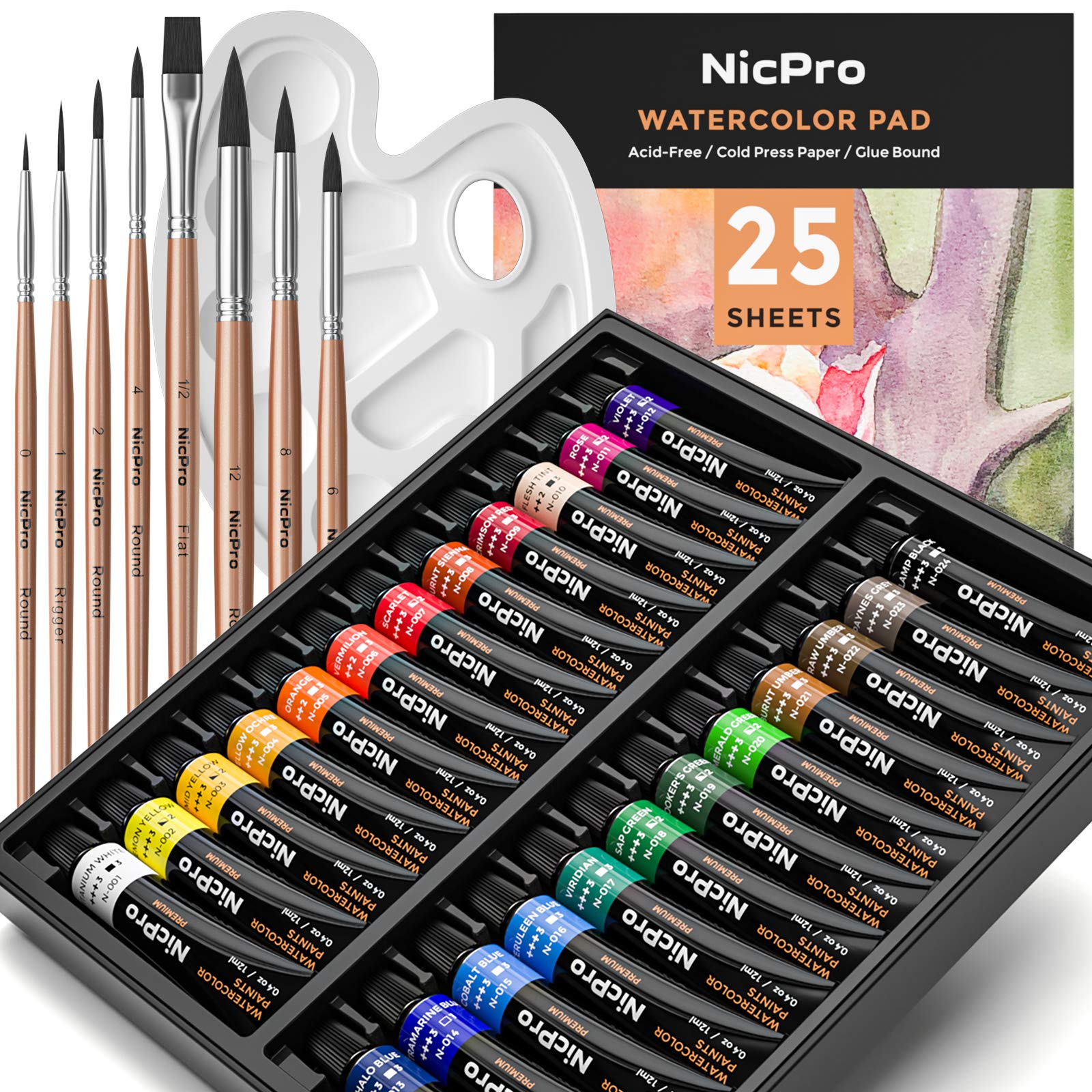 Nicpro Watercolor Paint Kit Professional Painting Supplies Set 24 Tube  Water Color Paints 8 Synthetic Squirrel Brushes 25 Art Pad Papers Palette  Color Wheel for Artists Students Kids Adults