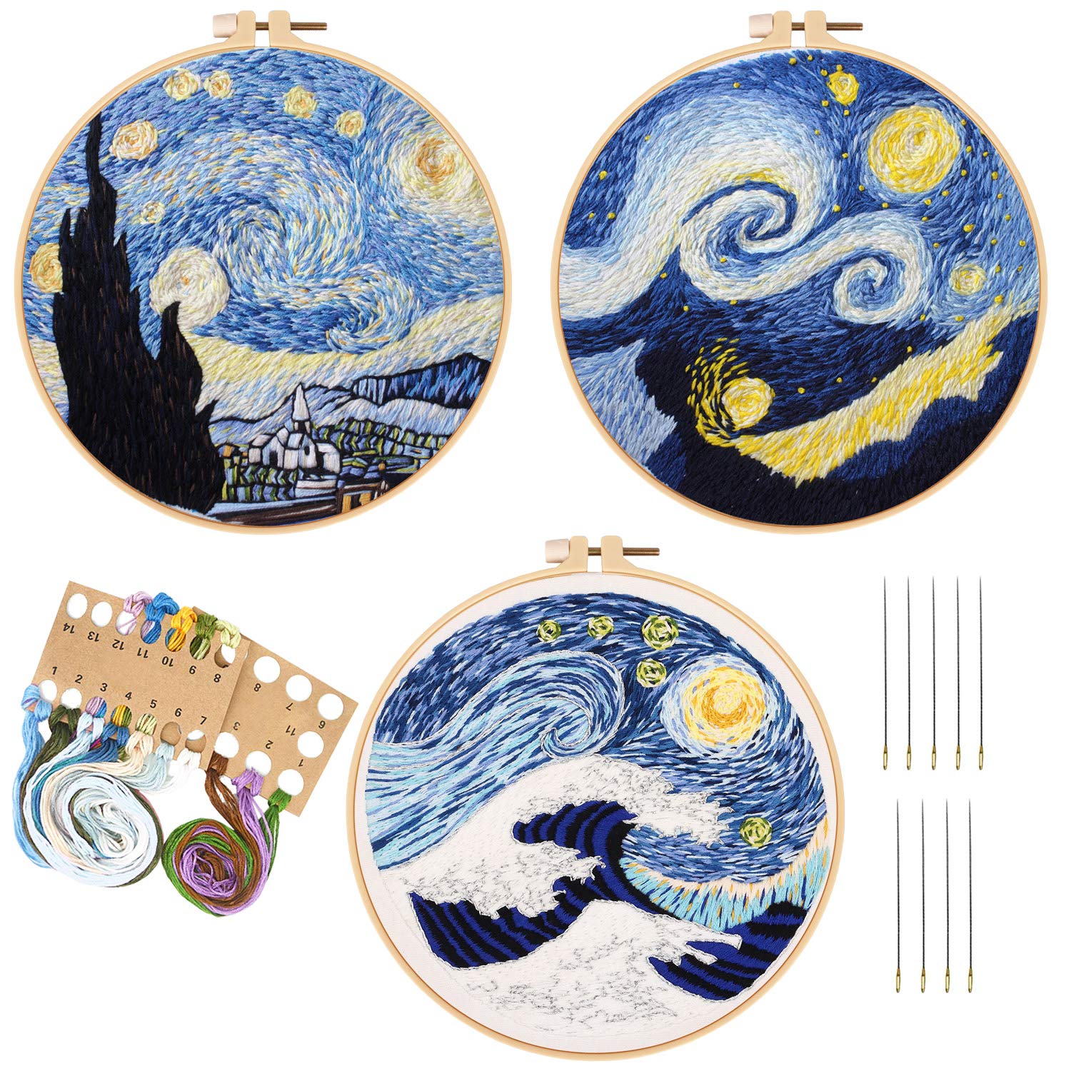 Full Range of Embroidery Starter Kit with Pattern, Cross Stitch Kit  Including Stamped Embroidery Cloth with Floral Pattern, Bamboo Embroidery  Hoop, Color Threads and Tools Kit 