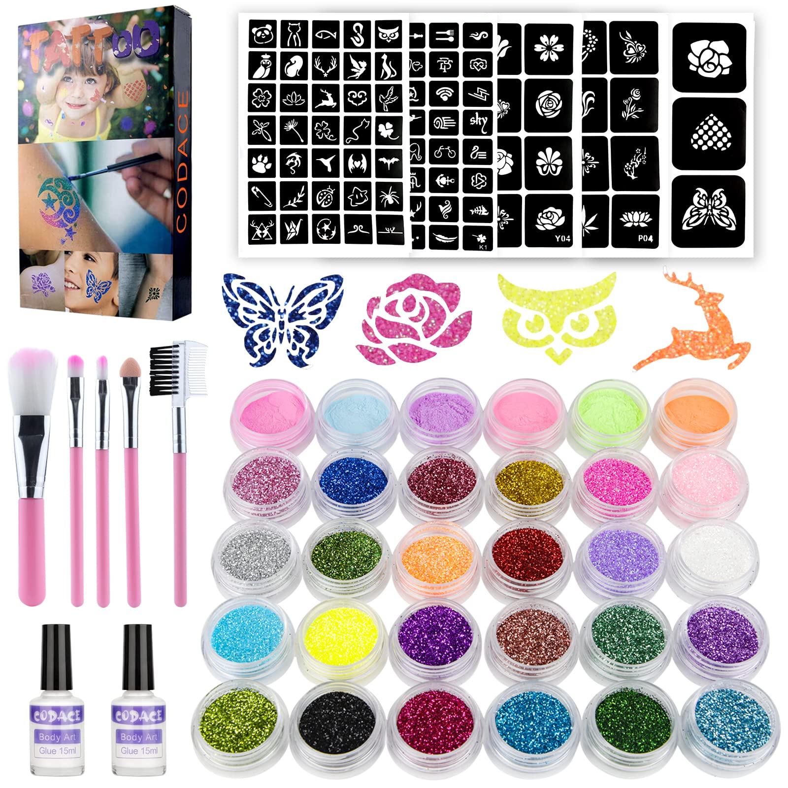 Temporary Glitter Tattoos Kit For Kids, 24 Large Glitter Colors & 6  Fluorescent Colors, 105 Stencils, Body Nail Art Glow In Dark Tattoo, Body  Glitter