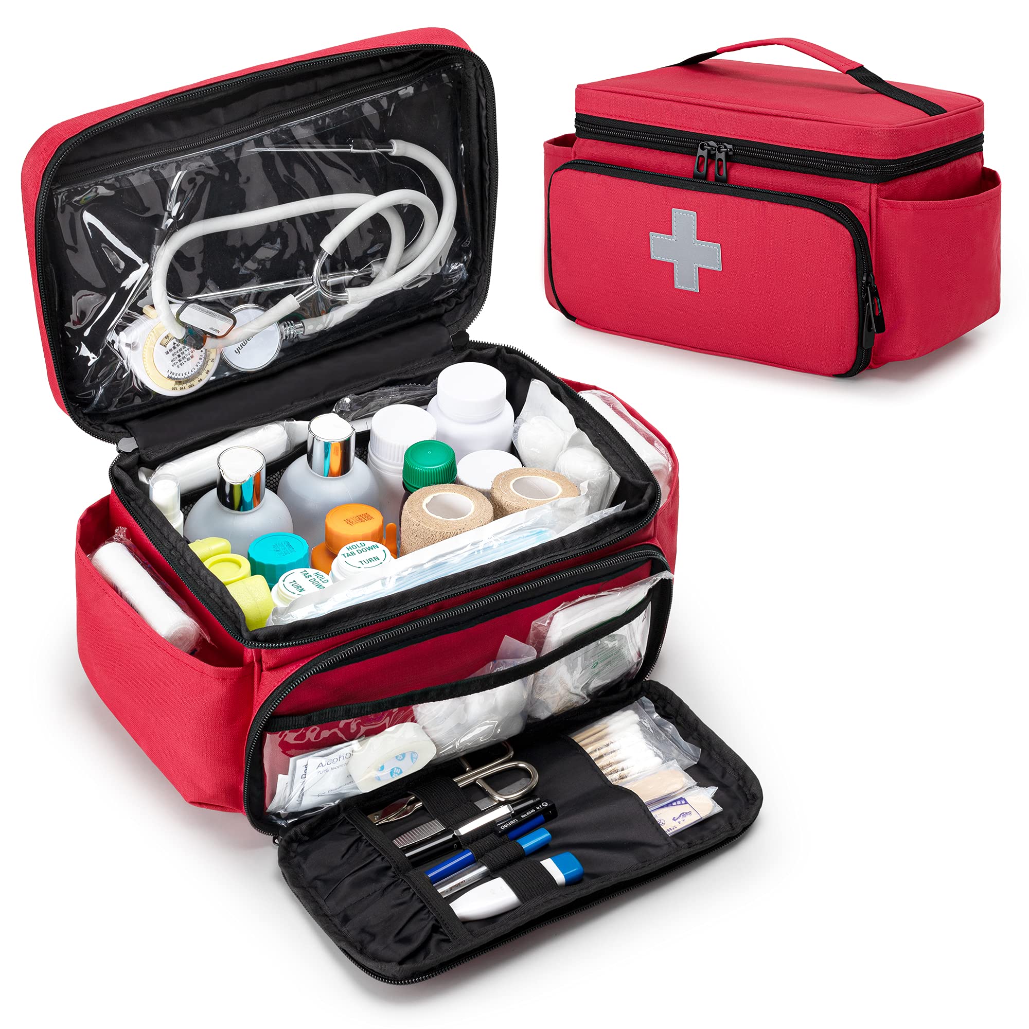 CURMIO Small Medicine Storage Bag Empty, Family First Aid Organizer Box for  Emergency Medical Kits, Red (