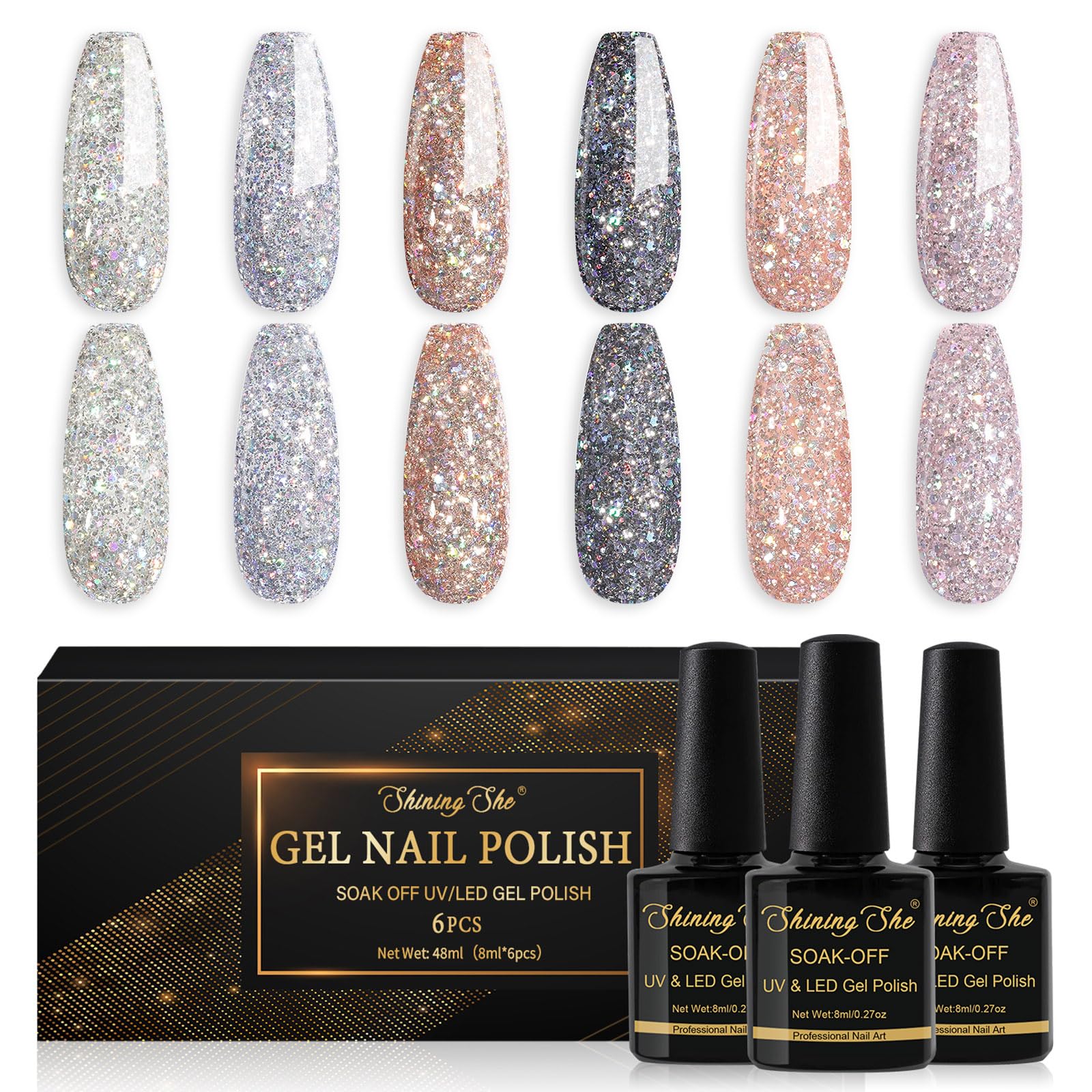 Shining She Glitter Gel Nail Polish 6 Colours White Sliver Black Rose Gold  Sparkly Nail Polish