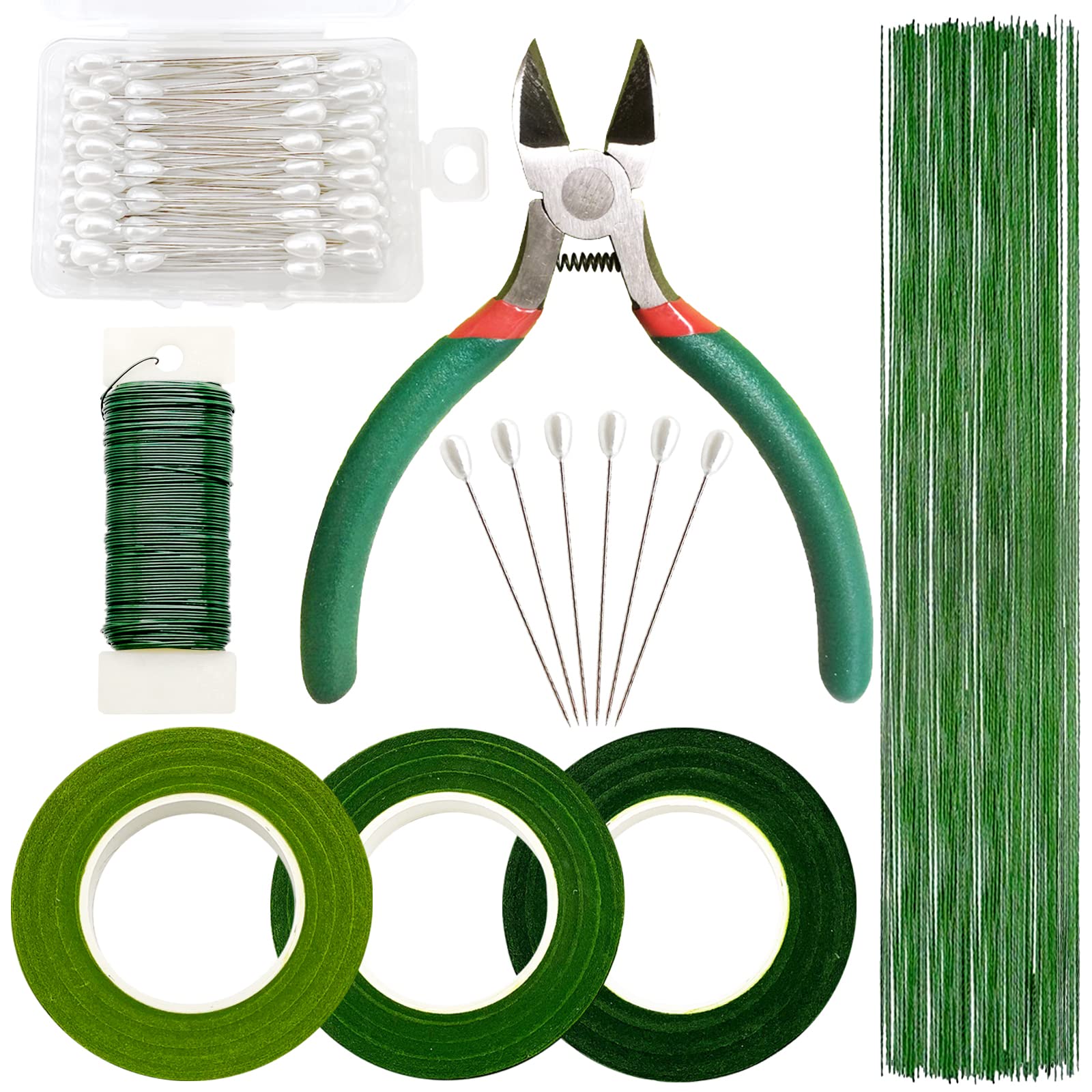 Paxcoo Floral Stem Arrangement Tools Kit with Wire Cutter Green Floral Tapes 26 Gauge Stem Wire and 22 Gauge Paddle Wire for Bouquet