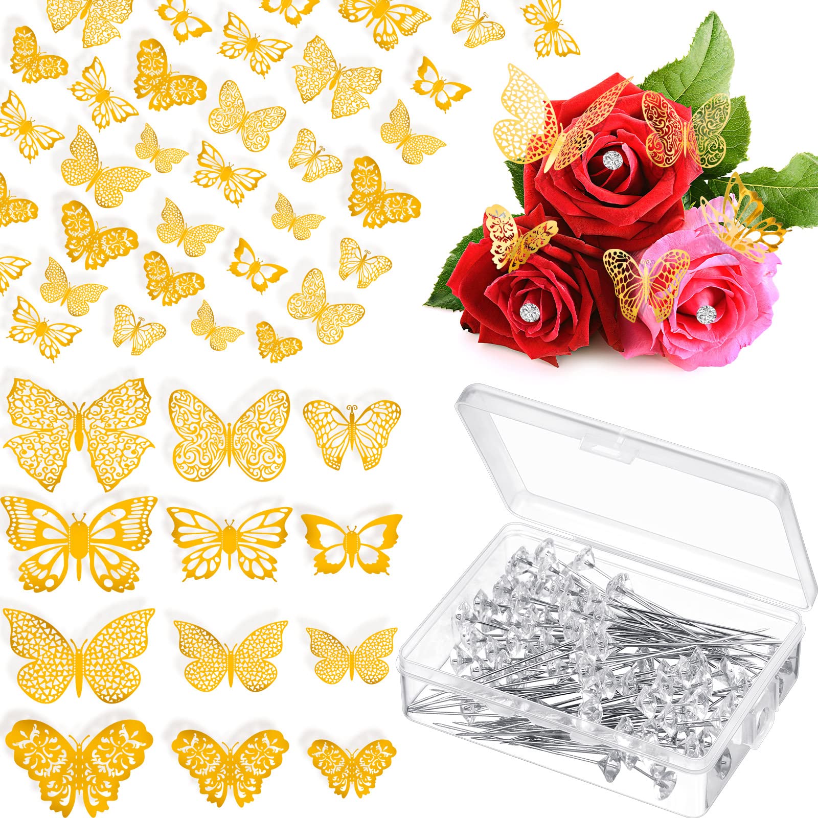 172Pcs Bouquet Corsages Pins for Flower Butterflies for Flower  Arrangements- Crystal Head Straight Pins & 3D Gold Butterfly Decor- Rose  Bouquet